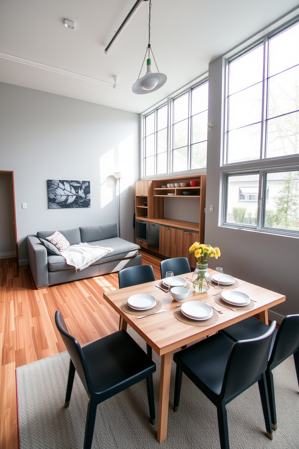 A stylish living area featuring a sleek sofa that converts into a bed, paired with a foldable dining table that can accommodate four. The walls are painted in a light gray color, and the flooring is a warm wood finish to create a cozy atmosphere. A compact kitchen area with integrated appliances and open shelving for easy access to dishware. Large windows allow natural light to flood the space, enhancing the feeling of openness in this garage apartment.