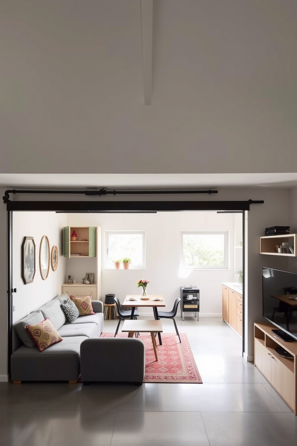 A cozy garage apartment featuring warm neutral tones throughout the space. The living area includes a plush sofa in soft beige, paired with a rustic wooden coffee table and a woven area rug that adds texture. The kitchen showcases light oak cabinetry with a white subway tile backsplash and stainless steel appliances. A small dining nook is positioned by a window, adorned with a round table and comfortable upholstered chairs in muted earth tones.