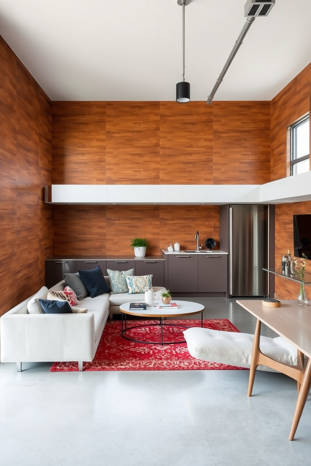 Textured wall panels create a striking focal point in a garage apartment. The space is designed with an open floor plan, featuring a cozy living area that seamlessly connects to a compact kitchen. The walls are adorned with rich, textured panels that add warmth and character to the apartment. Natural light floods in through large windows, highlighting the modern furnishings and minimalist decor.