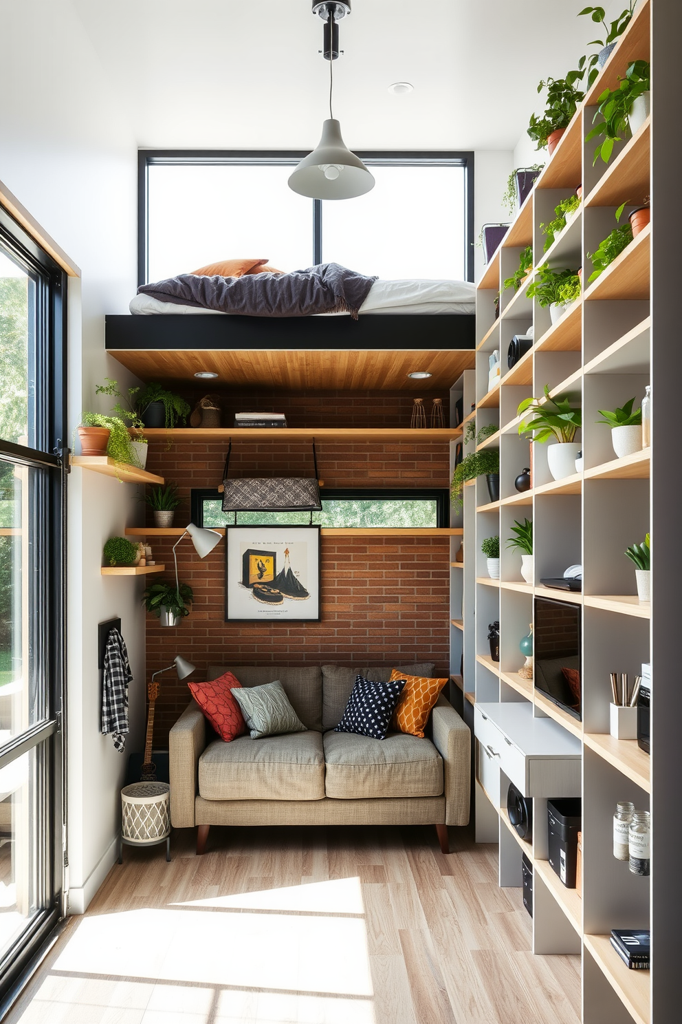 A modern garage apartment featuring clever vertical storage solutions. Shelving units are installed along the walls, showcasing plants and decorative items while maximizing floor space. The living area includes a compact sofa that doubles as a sleeper, positioned beneath a lofted sleeping area. Large windows provide ample natural light, enhancing the airy feel of the space.