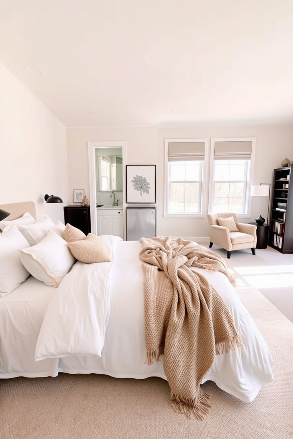 Cozy bedroom with soft textiles. The bed is adorned with plush blankets and an array of decorative pillows, creating an inviting atmosphere. Garage apartment design ideas. The space features an open layout with a modern kitchenette, a comfortable seating area, and large windows that bring in natural light.