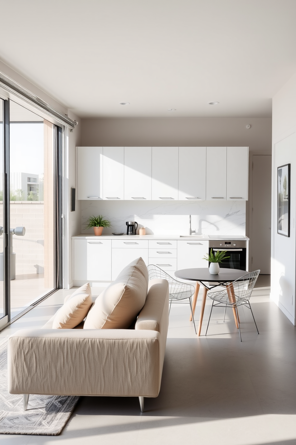 A serene garage apartment design featuring a neutral color palette that promotes calmness. The living area includes a cozy sofa in soft beige, complemented by a light gray area rug and large windows that invite natural light. The kitchen showcases white cabinetry with subtle wood accents and a marble backsplash, creating a clean and airy feel. A small dining table with minimalist chairs sits adjacent to the kitchen, perfect for intimate meals.