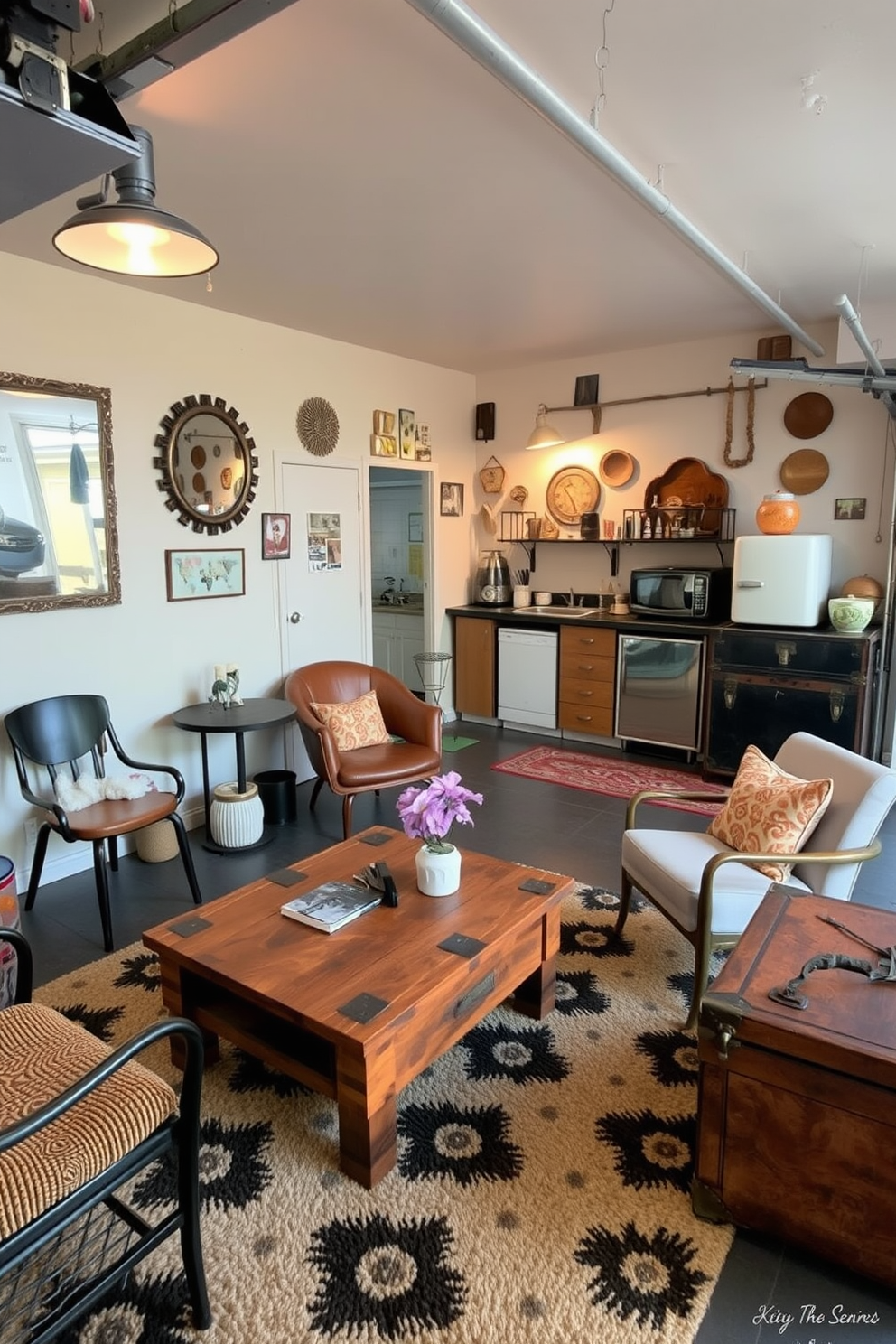 A cozy garage apartment featuring vintage decor elements. The living area includes a reclaimed wood coffee table surrounded by mismatched chairs and a plush, patterned area rug. The walls are adorned with eclectic art pieces and antique mirrors that reflect the warm lighting. A small kitchenette with retro appliances adds charm, while a vintage trunk serves as a unique storage solution.