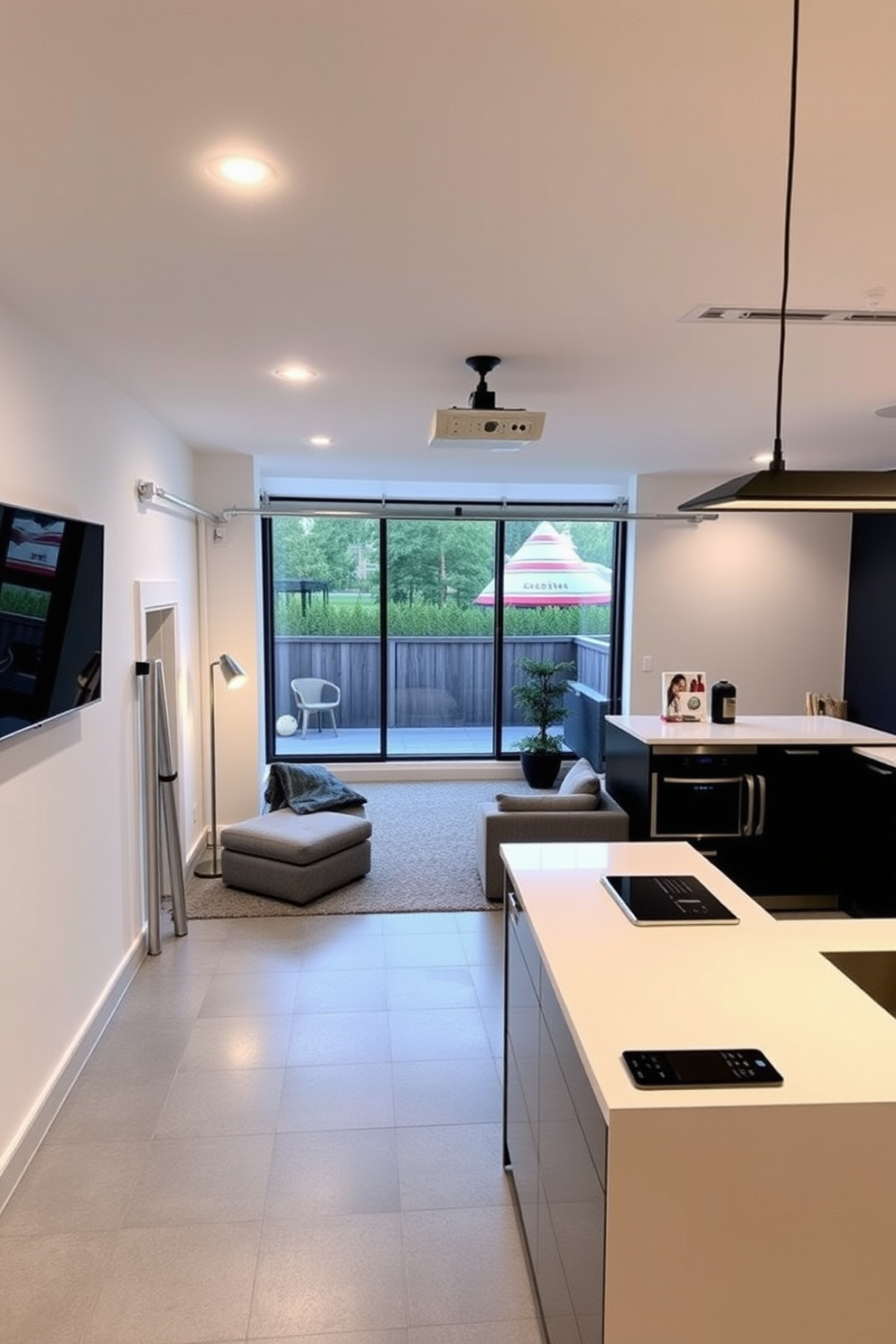 A modern garage apartment featuring smart home technology seamlessly integrated throughout the space. The living area includes a sleek wall-mounted smart TV and automated lighting that adjusts based on the time of day. The kitchen boasts smart appliances with touchless controls and a central island with charging stations for devices. Large windows provide natural light, while a cozy seating area with smart climate control ensures comfort year-round.