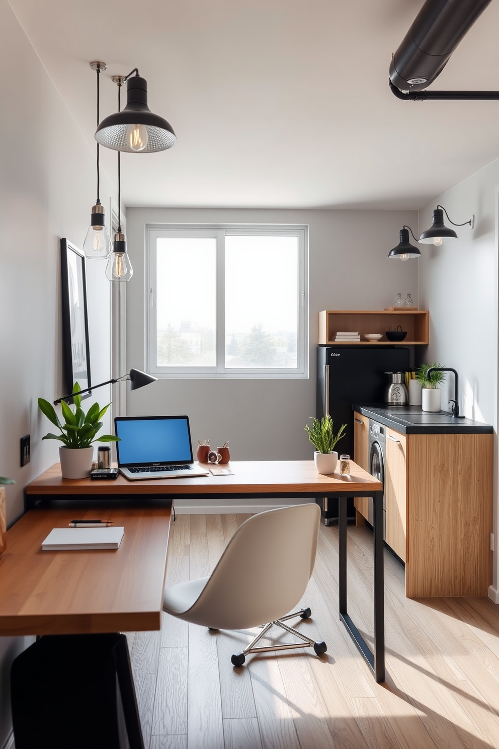 A stylish workspace with good lighting features a sleek wooden desk positioned near a large window that allows natural light to flood the room. On the desk, there is a modern laptop, a potted plant, and a few stylish stationery items to create an inspiring environment. The garage apartment design ideas include an open layout that maximizes space with a cozy living area adjacent to a compact kitchenette. The walls are painted in light gray, and industrial-style lighting fixtures hang from the ceiling, adding a contemporary touch to the overall aesthetic.