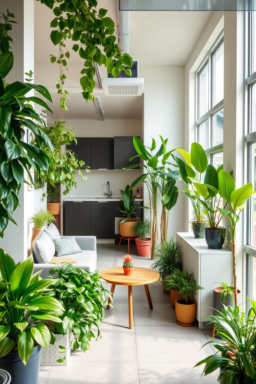 Indoor plants are strategically placed throughout the garage apartment, adding a vibrant touch to the space. The design features a cozy seating area with a small coffee table surrounded by lush greenery, creating an inviting atmosphere. The garage apartment incorporates multifunctional furniture to maximize space efficiency. A compact kitchenette with sleek cabinetry complements the living area, while large windows allow natural light to flood in, enhancing the fresh feel.