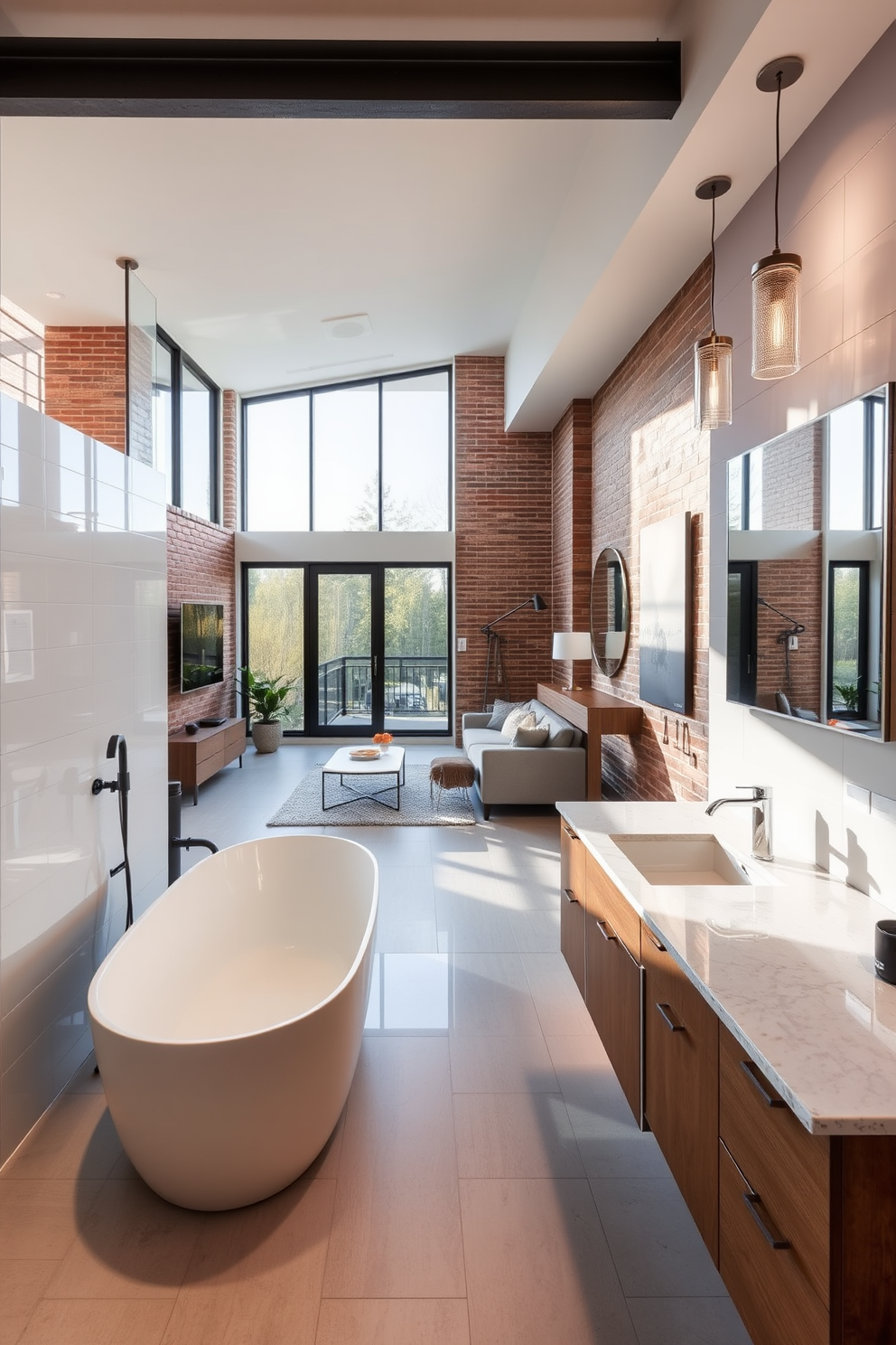 A functional laundry area featuring built-in cabinets for ample storage and a countertop for folding clothes. The space is illuminated by natural light from a window, with a washer and dryer neatly integrated into the cabinetry. The garage apartment design includes a cozy living area with a small kitchenette and a comfortable seating arrangement. Large windows offer views of the surroundings, while the decor combines modern aesthetics with practical furnishings.