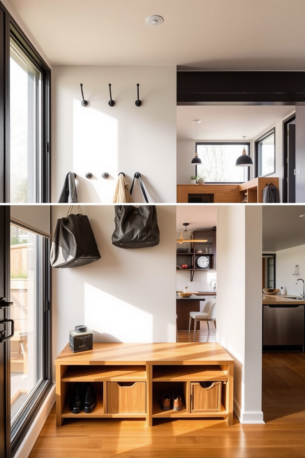 A functional entryway features a series of hooks mounted on a wall for hanging coats and bags. Below, a wooden bench with storage compartments provides seating and space for shoes. The garage apartment design incorporates an open layout with a cozy living area that seamlessly transitions into a compact kitchen. Large windows allow natural light to flood the space, highlighting the modern furnishings and minimalist decor.