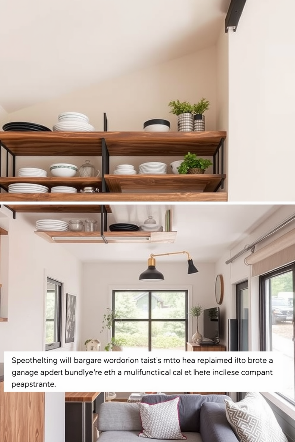 Open shelving in a kitchen creates an inviting and functional display for dishware and decorative items. The shelves are made of reclaimed wood, providing a rustic charm, while the backdrop features a soft, neutral paint color to enhance the overall warmth of the space. The garage apartment design incorporates a cozy living area with a compact kitchenette and a multifunctional workspace. Large windows allow natural light to flood the space, and the decor combines industrial elements with comfortable furnishings for a stylish yet practical environment.