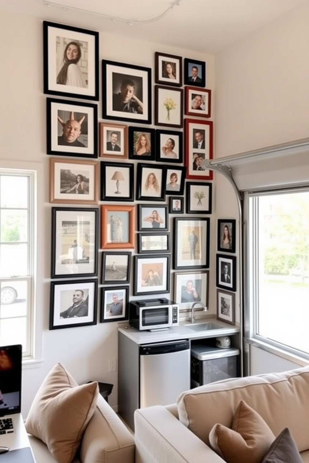 A personalized gallery wall filled with framed photos showcasing cherished memories and art pieces. The arrangement features a mix of different frame styles and sizes, creating an eclectic yet harmonious look. The garage apartment design includes a cozy living area with a compact kitchenette. Large windows allow natural light to flood the space, complemented by modern furnishings in a neutral palette.