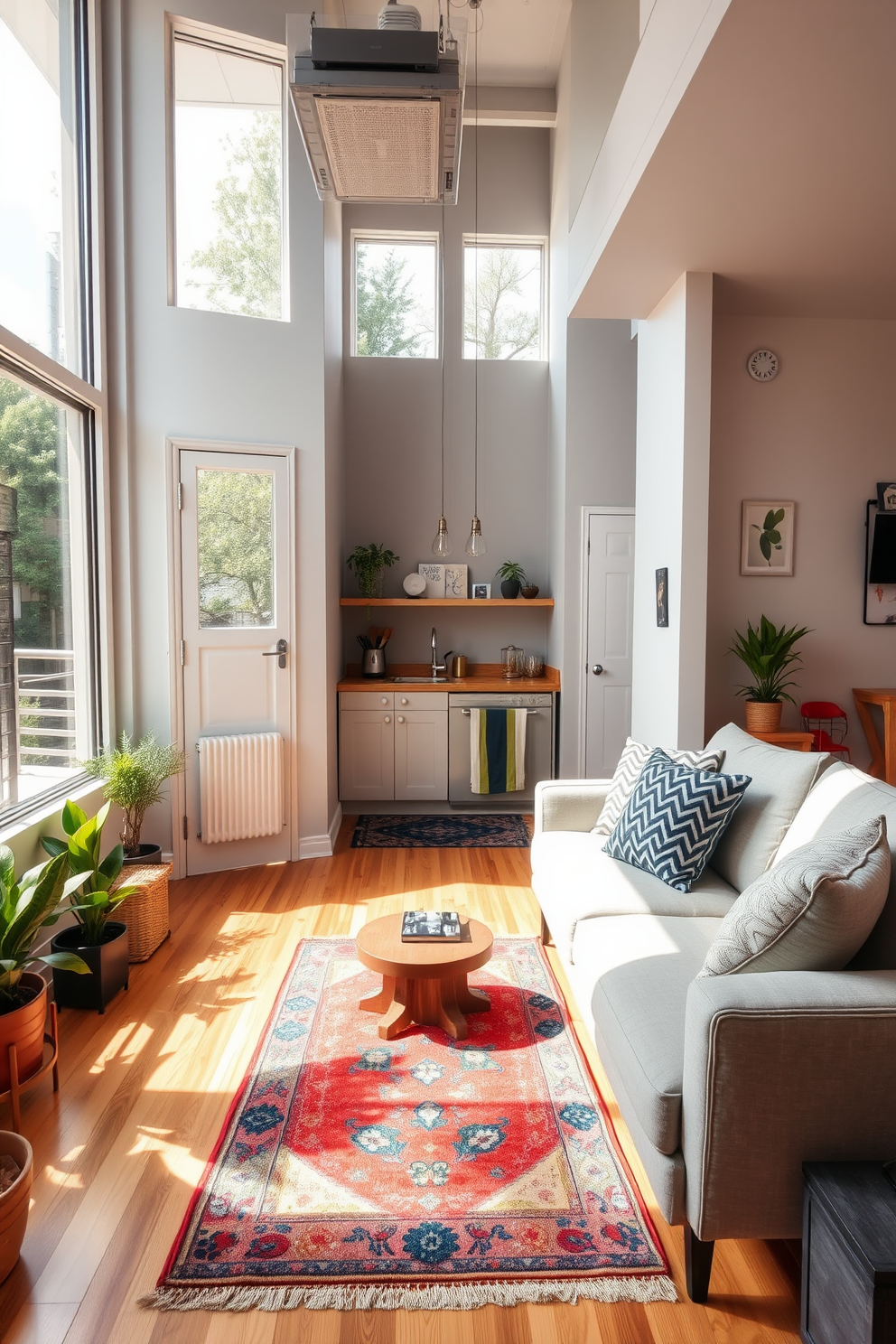 A comfortable sofa is positioned in a cozy garage apartment, inviting relaxation with its plush cushions and soft fabric. Natural light filters through large windows, illuminating the space and highlighting the warm tones of the wooden flooring. The apartment features an open layout, seamlessly blending the living area with a small kitchenette. Decorative elements such as a colorful area rug and potted plants add personality and warmth to the modern design.