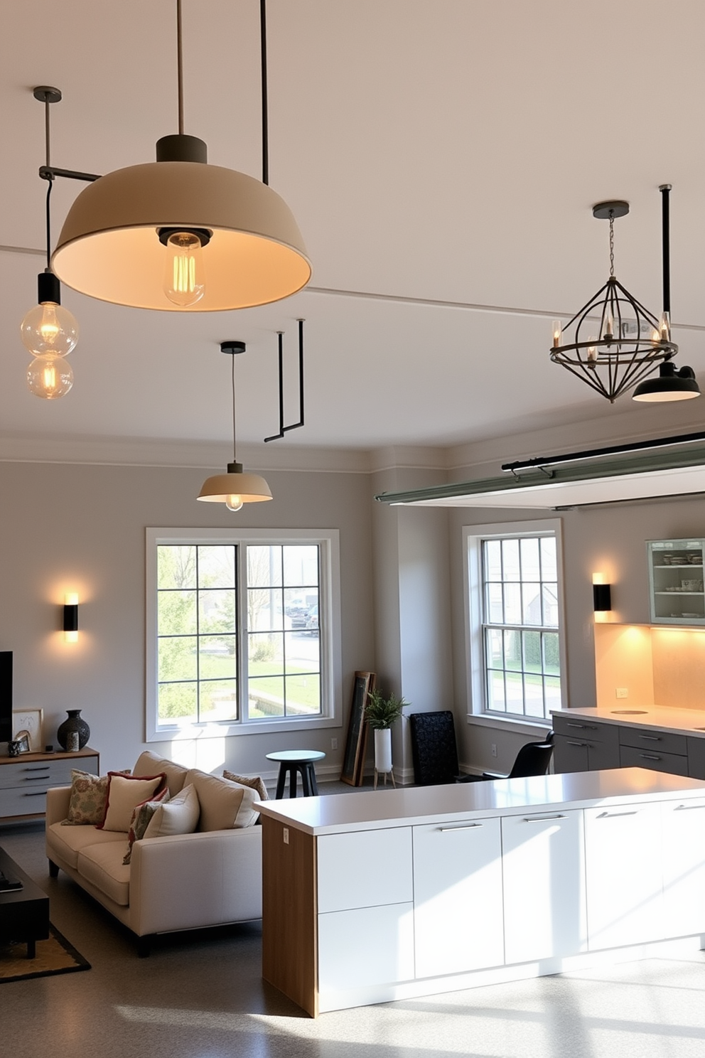 A garage apartment featuring unique light fixtures that serve as stunning focal points. The open living space is illuminated by a combination of pendant lights and wall sconces, creating an inviting atmosphere. The kitchen area boasts sleek cabinetry with a modern finish, complemented by a stylish island that doubles as a dining space. Large windows allow natural light to flood the room, enhancing the overall design.