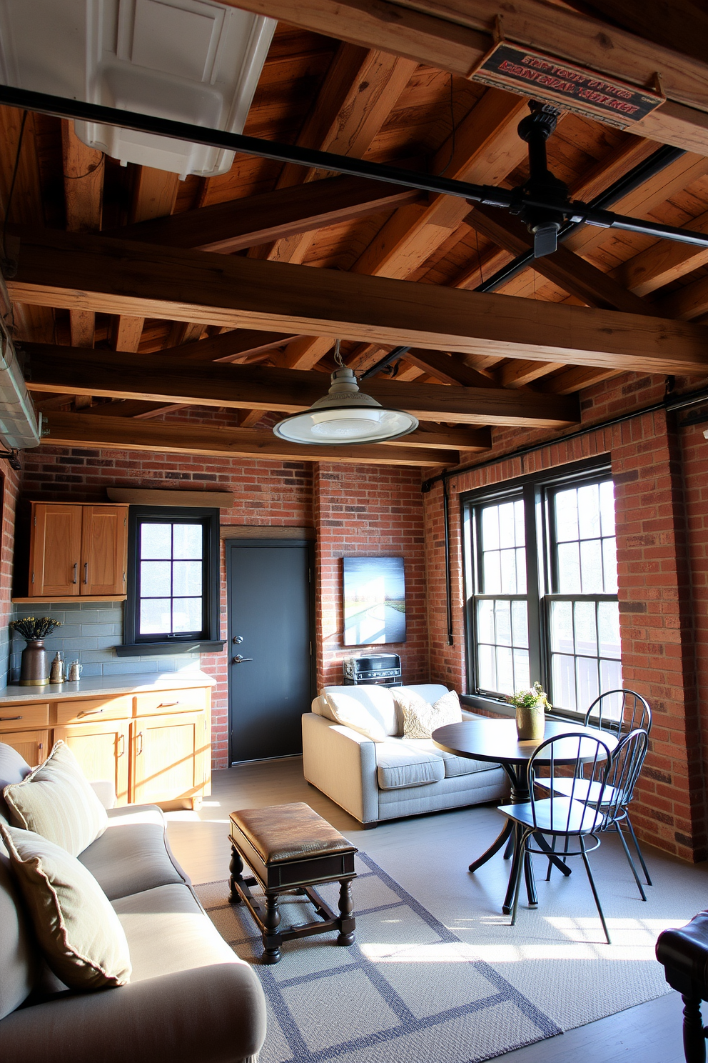 A stylish barn door made of reclaimed wood slides effortlessly across the entrance of a cozy garage apartment. The door's rustic charm complements the modern decor inside, featuring a compact living area with a minimalist sofa and a small dining table.