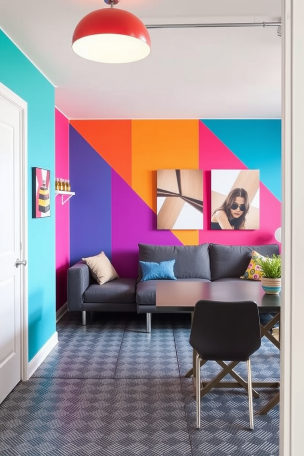 Brightly colored accent walls create a lively and energetic atmosphere in a garage apartment. The use of bold hues like teal, orange, or fuchsia can transform the space, making it feel inviting and modern. Incorporate multifunctional furniture to maximize space efficiency in the garage apartment. A sleek sofa bed and a foldable dining table can enhance both comfort and functionality while maintaining a stylish aesthetic.