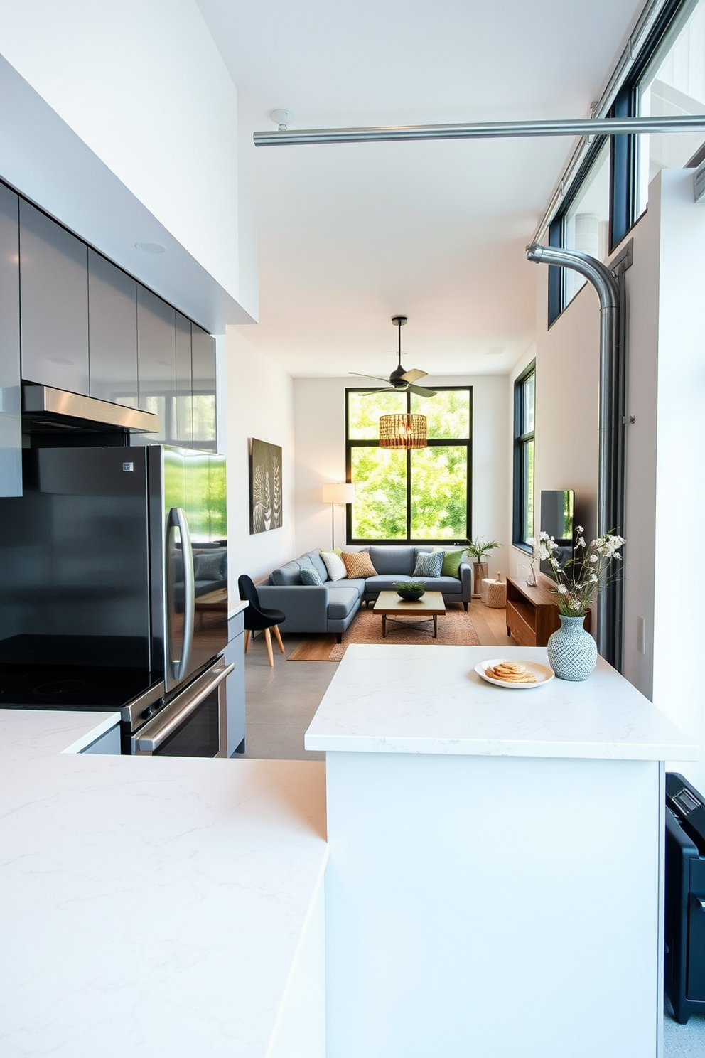 A compact kitchen featuring sleek stainless steel appliances and minimalist cabinetry. The countertops are made of quartz with a subtle veining pattern, and a small island provides additional prep space. The garage apartment design includes an open-concept living area with a cozy seating arrangement. Large windows allow natural light to flood the space, and modern decor elements create a stylish yet functional atmosphere.