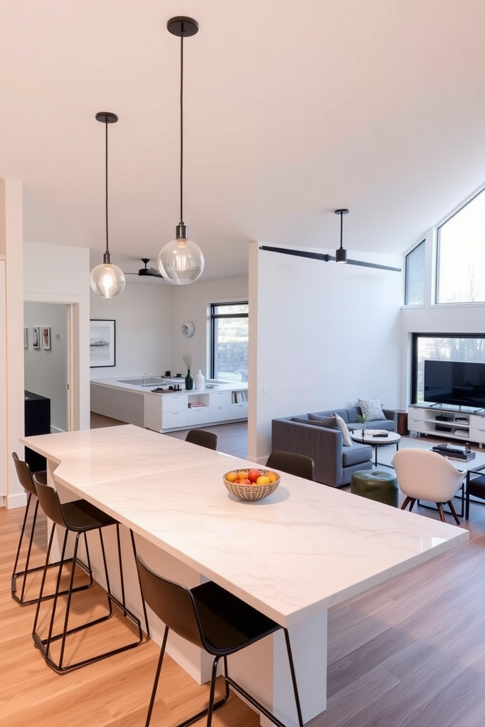 A compact kitchen featuring sleek stainless steel appliances and minimalist cabinetry. The countertops are made of white quartz, and there's a small island with bar stools for casual dining. The garage apartment design includes an open-concept living space that maximizes functionality. A cozy seating area is paired with a compact dining table, and large windows allow natural light to flood the room.