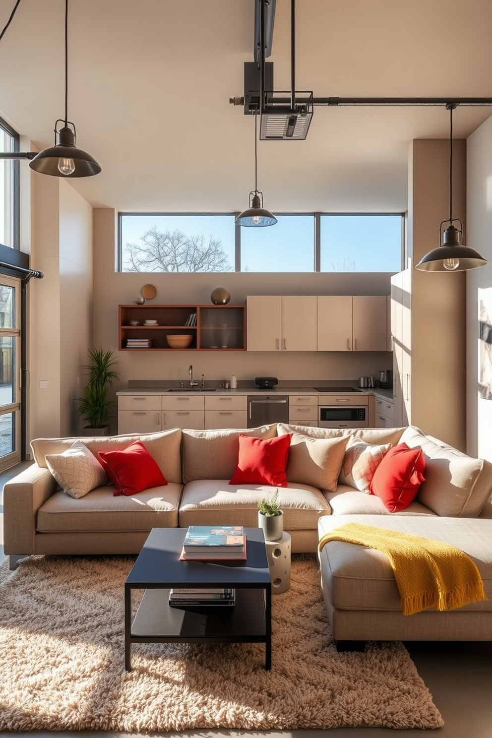 Cozy sectional sofa with vibrant pillows. The sofa is positioned in a spacious living room with natural light streaming through large windows, creating a warm and inviting atmosphere. A stylish coffee table sits in front of the sofa, adorned with a few decorative books and a small plant. The walls are painted in a soft beige, complemented by a plush area rug that adds texture to the space. Garage Living Room Design Ideas. The design features a multifunctional layout with a sleek, modern aesthetic, incorporating a workspace area and comfortable seating for relaxation. Industrial-style lighting fixtures hang from the ceiling, illuminating the space while adding a touch of character. A combination of open shelving and cabinets provides ample storage while keeping the area organized and visually appealing.