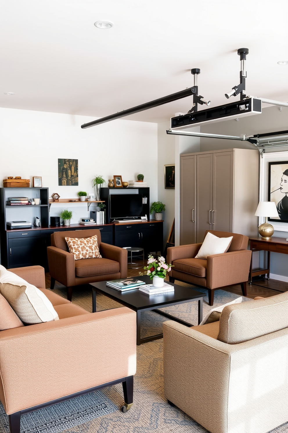 A spacious living room featuring a statement lighting fixture that hangs elegantly from the ceiling. The room is designed with a modern aesthetic, incorporating a mix of comfortable seating and stylish decor elements. The walls are painted in a soft neutral tone, creating a warm and inviting atmosphere. A large area rug anchors the space, while decorative accents add personality and charm to the overall design.