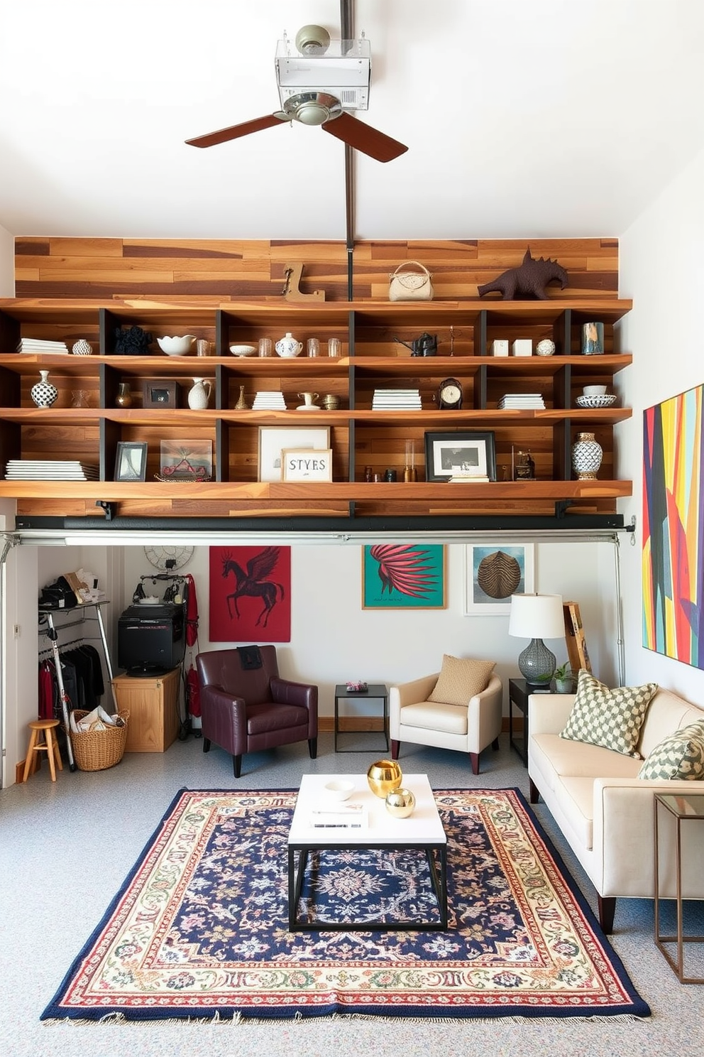 Open shelving designed for displaying collectibles. The shelves are crafted from reclaimed wood, creating a warm and inviting atmosphere while showcasing a curated collection of unique items. The garage is transformed into a stylish living room space. It features comfortable seating, vibrant artwork on the walls, and a cozy area rug that ties the design together.