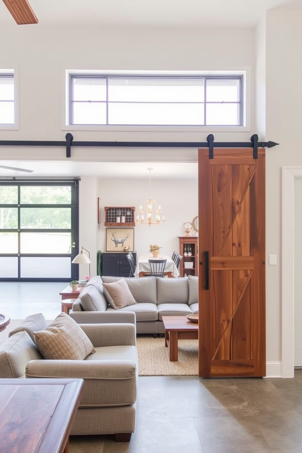 A vibrant craft room filled with natural light. There are large work tables topped with colorful supplies and organized storage units lining the walls. A cozy living room featuring a modern sectional sofa in a soft fabric. The space is accented with a large area rug, stylish coffee table, and a gallery wall of framed artwork.