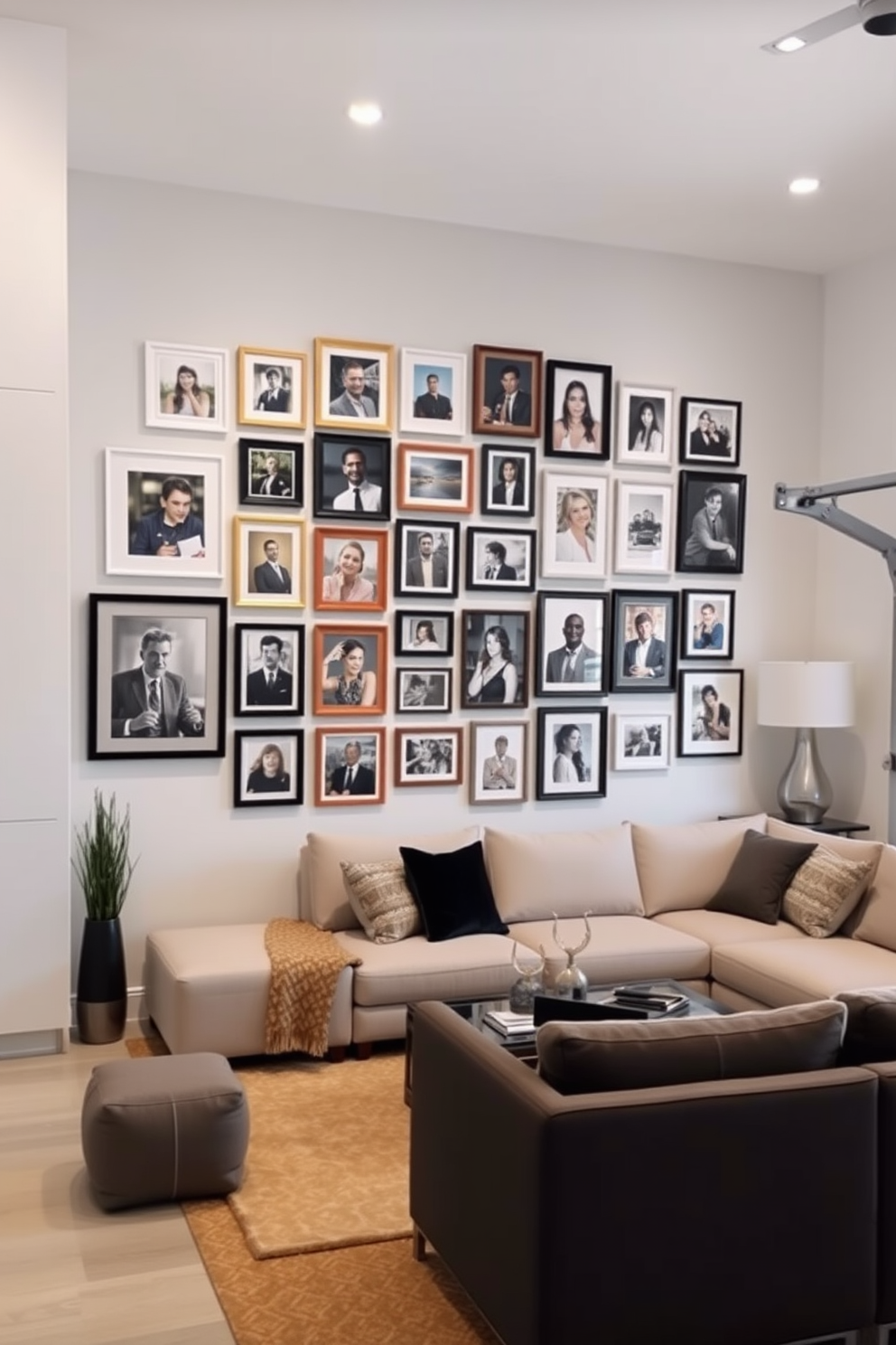 A modern living room featuring a wall-mounted entertainment center that seamlessly integrates with the surrounding decor. The entertainment center is designed with sleek cabinetry and open shelving to showcase decorative items, while a plush sectional sofa invites relaxation in the space. The walls are painted in a soft gray hue, creating a calm atmosphere, and large windows allow natural light to flood the room. A stylish area rug anchors the seating arrangement, and contemporary artwork adorns the walls, adding a touch of personality to the design.