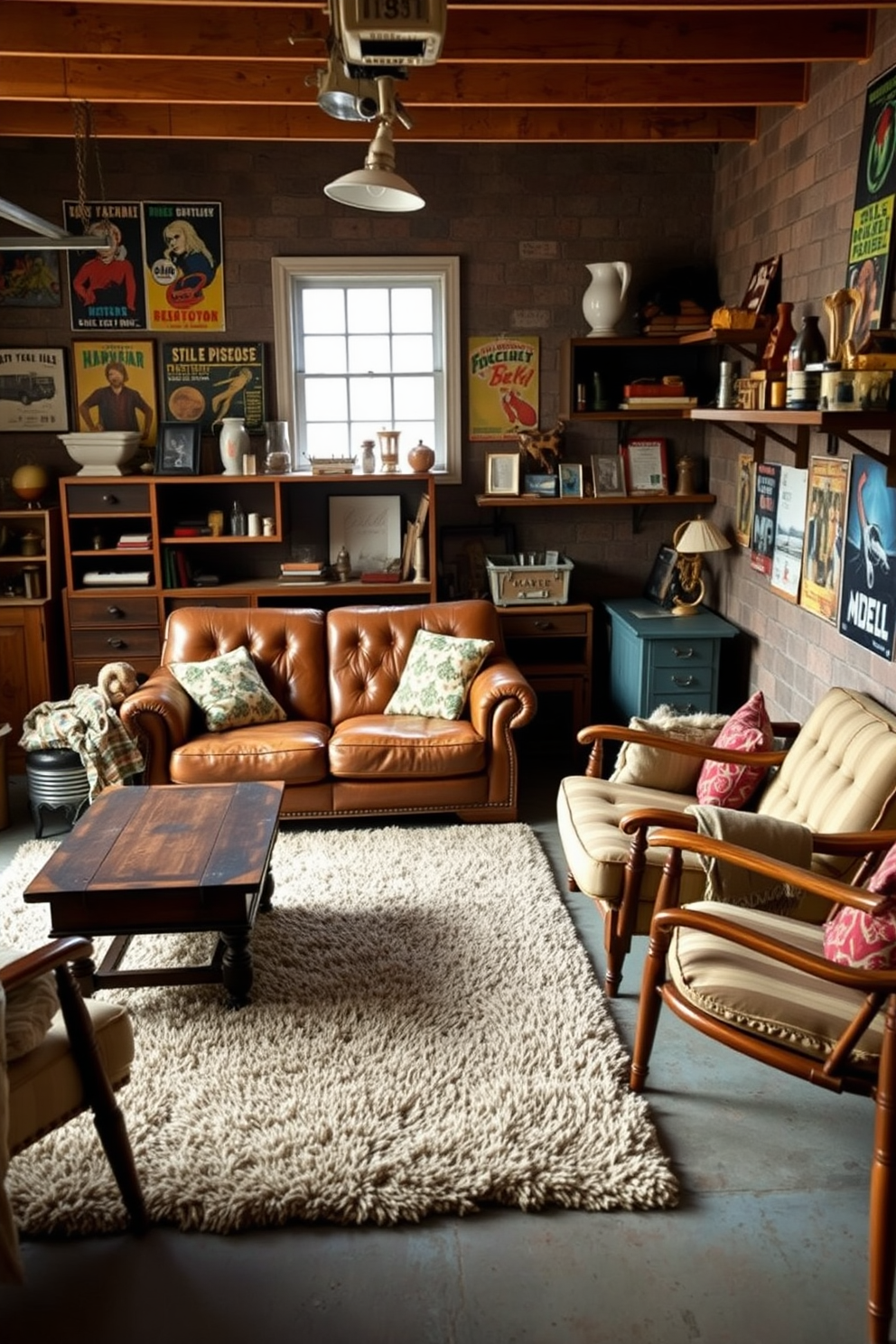 A cozy garage living room featuring vintage furniture pieces that add character. A worn leather sofa sits against the wall, complemented by an antique wooden coffee table and mismatched armchairs. The walls are adorned with retro posters and shelves filled with knick-knacks. A plush area rug anchors the seating area, while warm lighting creates an inviting atmosphere.