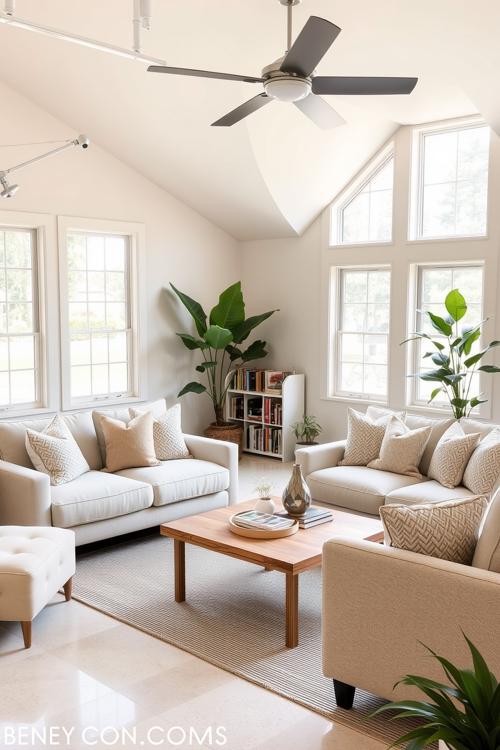 A cozy fireplace corner features a modern stone fireplace with a warm glow that invites relaxation. Surrounding the fireplace are plush armchairs upholstered in soft fabrics, complemented by a rustic wooden coffee table adorned with a stack of books and a candle. The walls are painted in a soft beige, creating a warm and inviting atmosphere. A patterned area rug covers the hardwood floor, adding texture and comfort to the space.