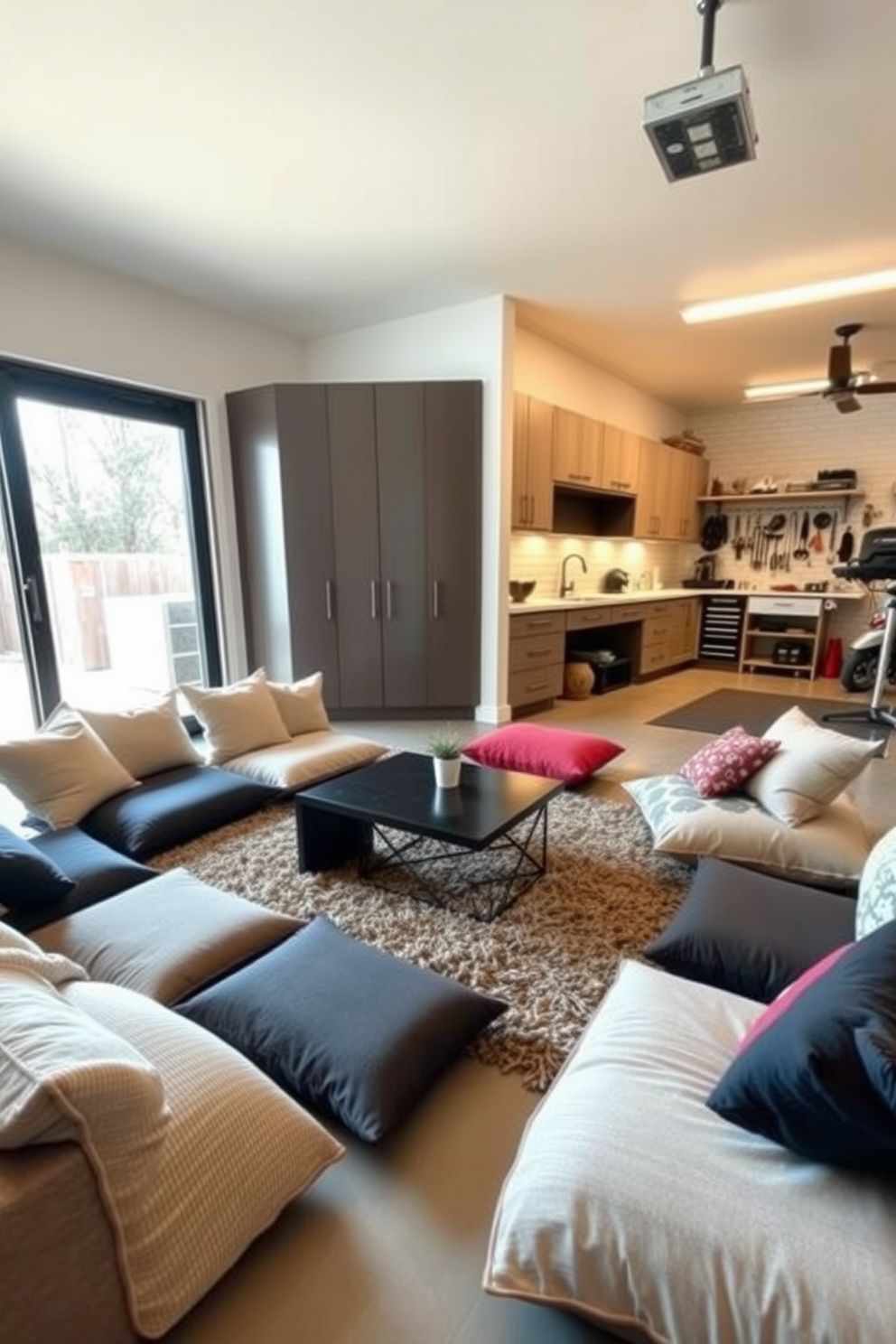 A cozy living room setting featuring floor cushions arranged for casual seating. The cushions are in various textures and colors, creating an inviting atmosphere perfect for relaxation and socializing. The space includes a modern coffee table in the center, surrounded by a plush area rug. Large windows allow natural light to fill the room, enhancing the warm and welcoming vibe. In the garage, a functional design showcases organized storage solutions and a comfortable workspace. Sleek cabinetry and a workbench create an efficient environment while maintaining a stylish aesthetic.