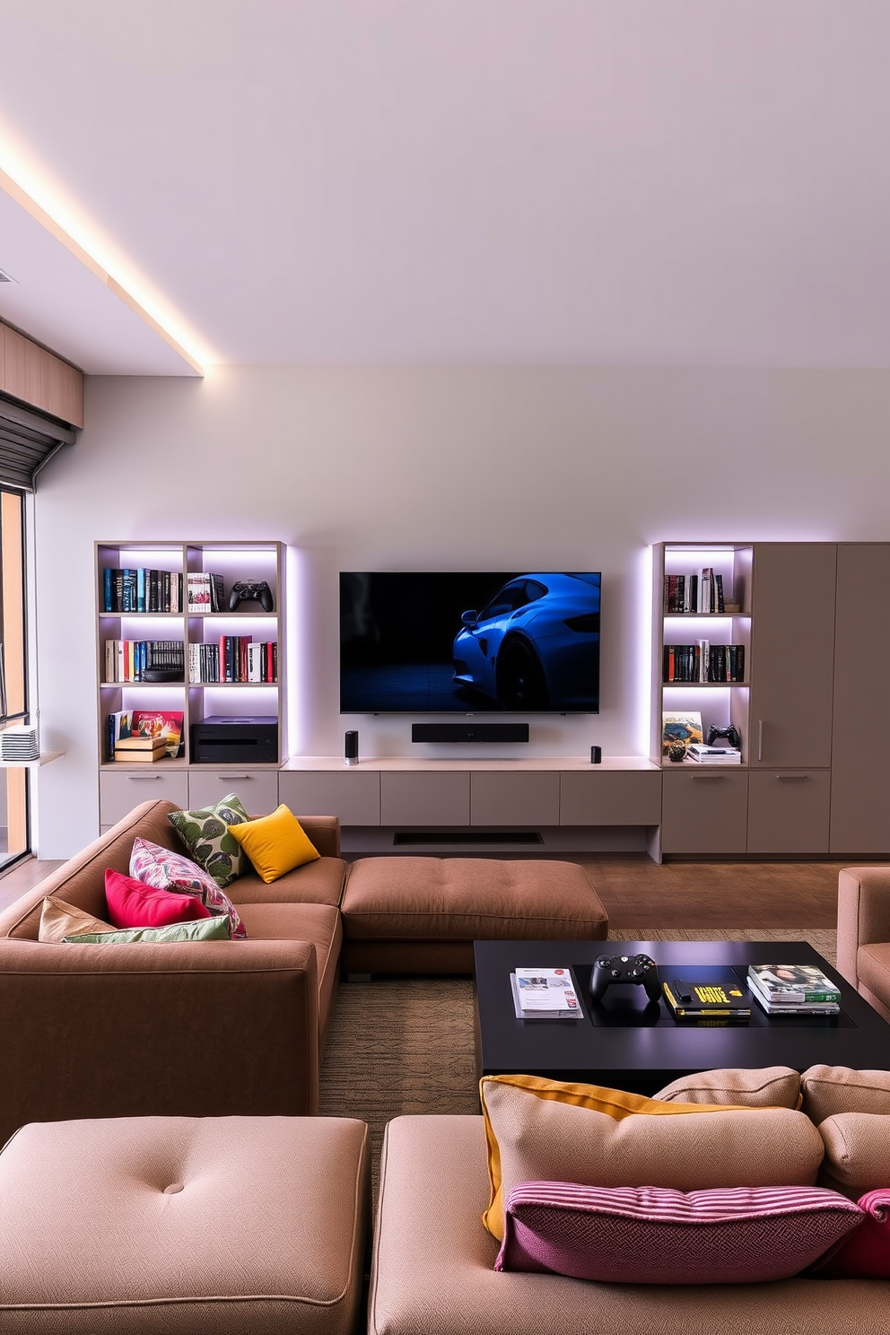 A modern entertainment center designed for gaming and movies. The setup includes a large flat-screen TV mounted on the wall, flanked by sleek shelving units filled with gaming consoles and movies. The seating arrangement features a plush sectional sofa with vibrant throw pillows, positioned for optimal viewing. Ambient lighting is provided by LED strips along the shelves, creating a cozy atmosphere for movie nights. In the garage, a multifunctional space is created for both storage and leisure. Stylish cabinets line the walls, while a comfortable seating area with a coffee table invites relaxation after a day of work. The living room design embraces an open concept layout with large windows allowing natural light to flood in. A combination of modern furniture and warm textiles creates an inviting space perfect for entertaining guests.