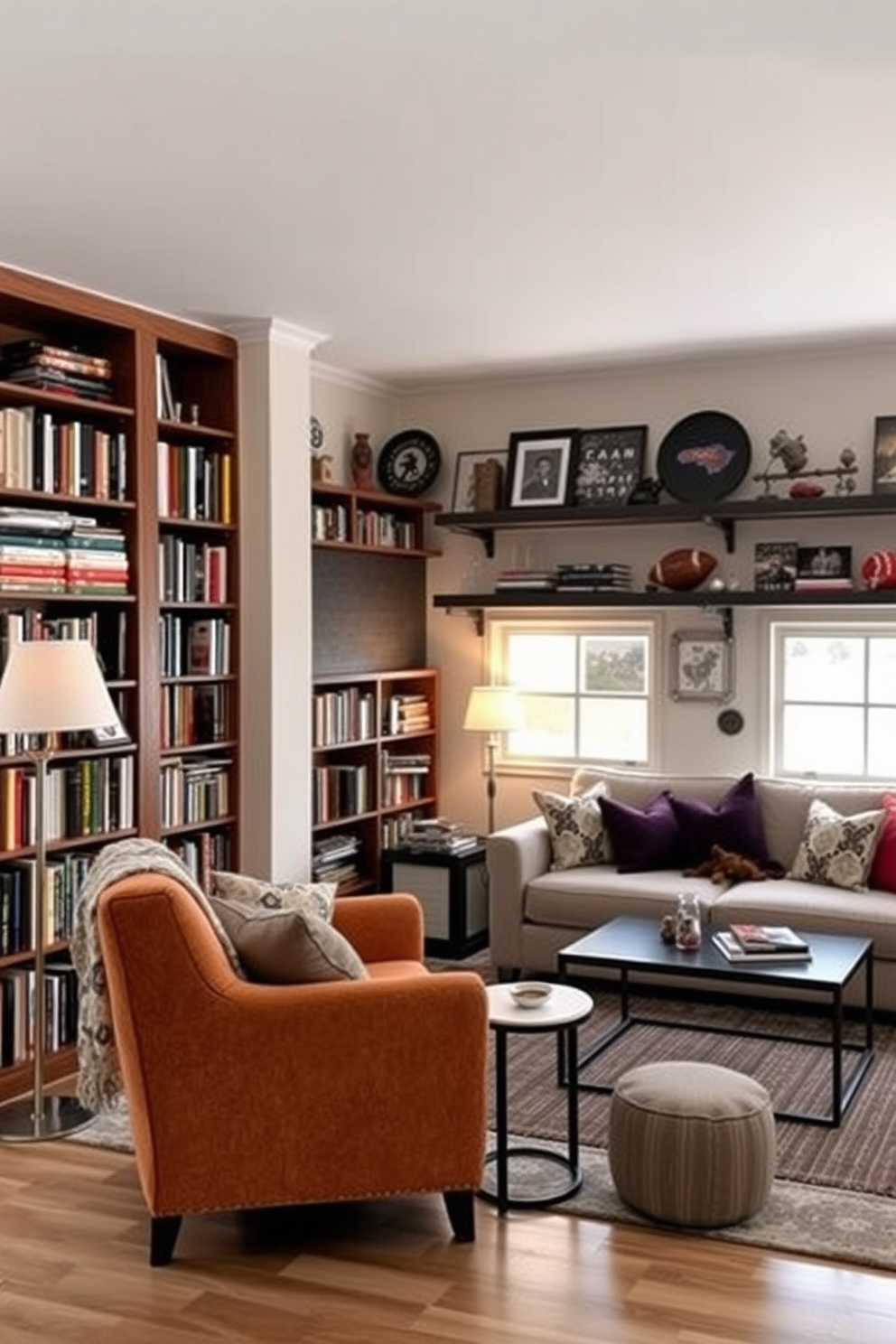 Cozy reading corner with a chair. There is a plush armchair in a warm fabric, positioned next to a tall bookshelf filled with colorful novels. A small side table holds a steaming cup of tea and a reading lamp with a soft glow. A patterned throw blanket drapes over the arm of the chair, inviting relaxation. Garage living room design ideas. The space features a comfortable sectional sofa with vibrant cushions, complemented by a sleek coffee table in the center. Wall-mounted shelves display sports memorabilia and personal items, adding character to the room. Large windows allow natural light to flood in, creating an airy and inviting atmosphere.