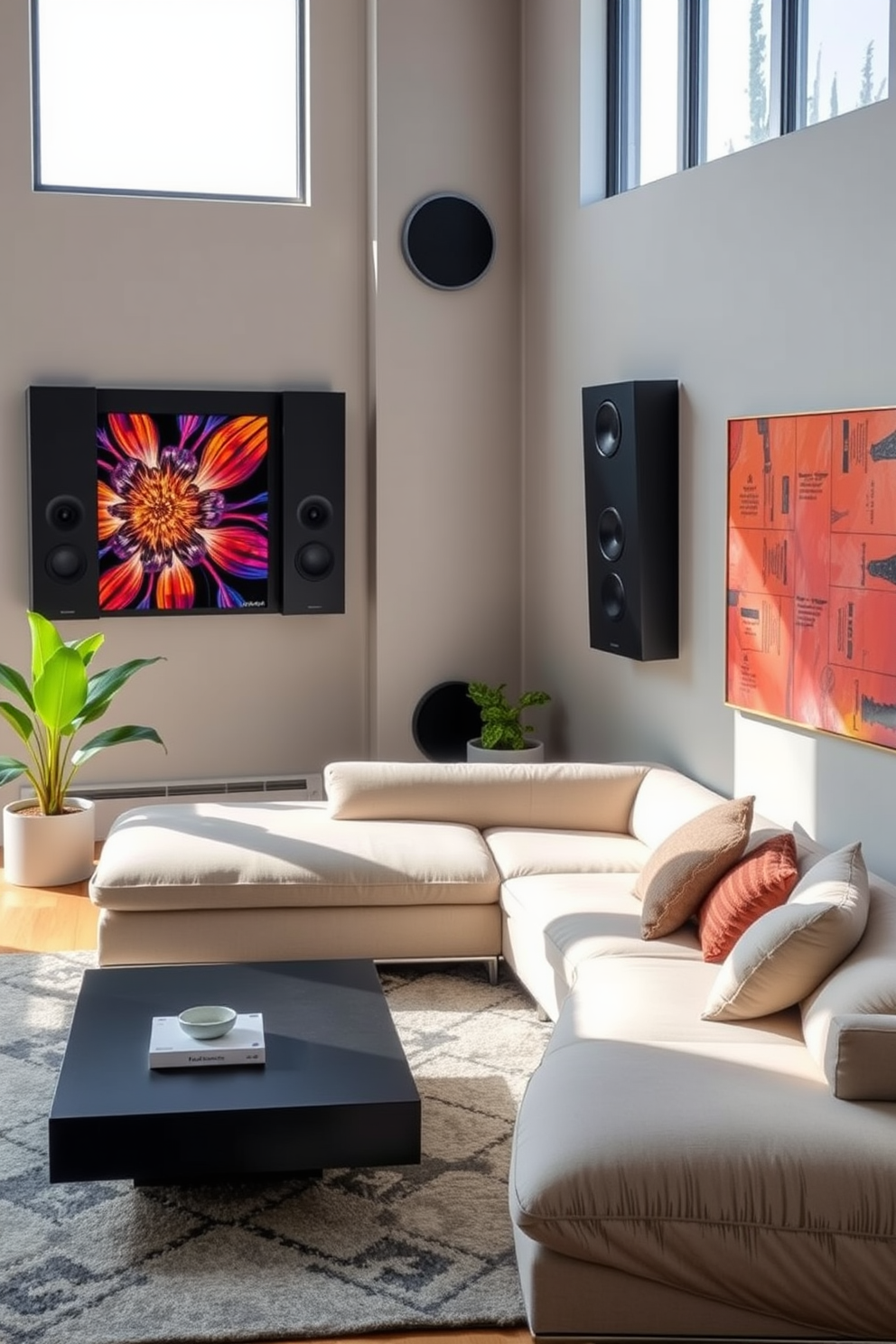 A stylish garage living room design that combines functionality and aesthetics. The space features a sleek sectional sofa in a neutral color, positioned to face a large wall-mounted flat-screen TV. On the opposite wall, a series of mirrors are strategically placed to create an illusion of depth and openness. The flooring is a polished concrete that complements the modern industrial vibe, with a vibrant area rug adding a pop of color.