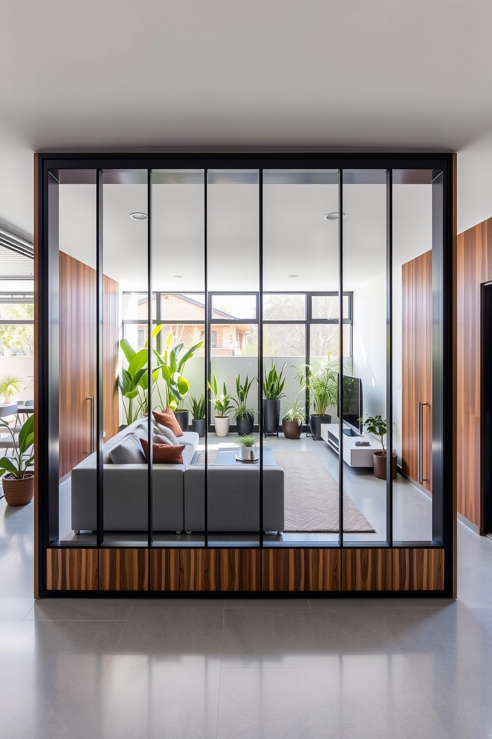 A modern garage transformed into a stylish living room. The space features sleek dividers made of glass and wood, creating distinct areas for relaxation and functionality. The living area includes a comfortable sectional sofa facing a minimalist entertainment unit. Natural light floods in through large windows, enhancing the open feel while adding greenery with potted plants in the corners.