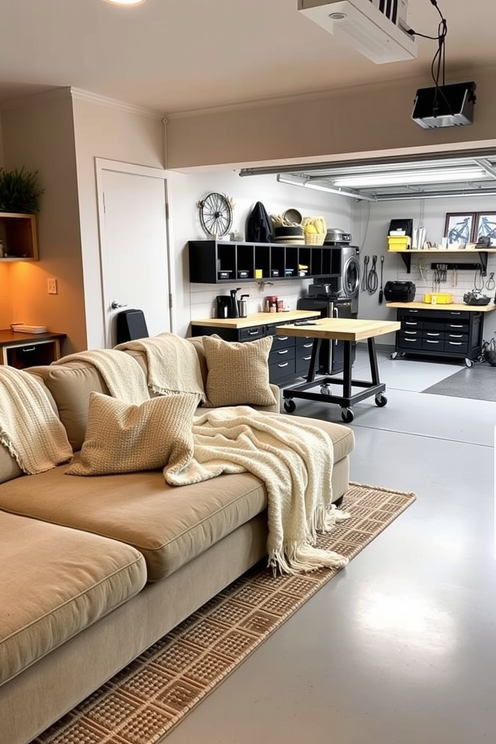 A cozy living room featuring soft throw blankets draped over a plush sectional sofa. The space is enhanced with warm lighting and a textured area rug, creating an inviting atmosphere. In the garage, a multifunctional workspace is designed with ample storage solutions and a stylish workbench. The walls are painted in a light gray tone, and the flooring is durable yet sleek, perfect for both functionality and aesthetics.