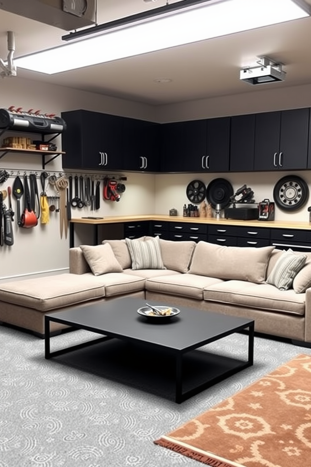 A well-organized garage featuring a combination of wall-mounted shelves and cabinets provides ample storage space for tools and equipment. The floor is finished with a durable epoxy coating, and a workbench is positioned in the corner, illuminated by bright overhead lighting. A cozy living room designed for relaxation showcases a large sectional sofa adorned with soft throw pillows. A sleek coffee table sits in front, complemented by a stylish area rug that adds warmth to the space.