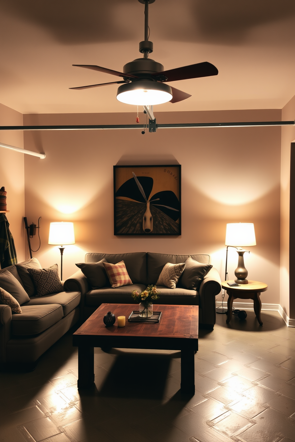 A stylish garage living room that combines functionality with comfort. The space features a large sectional sofa in a neutral fabric, complemented by bright throw pillows and a sleek coffee table. A chalkboard wall is painted on one side, providing a creative outlet for ideas and drawings. The flooring is polished concrete, and industrial-style lighting fixtures hang from the ceiling, enhancing the modern aesthetic.