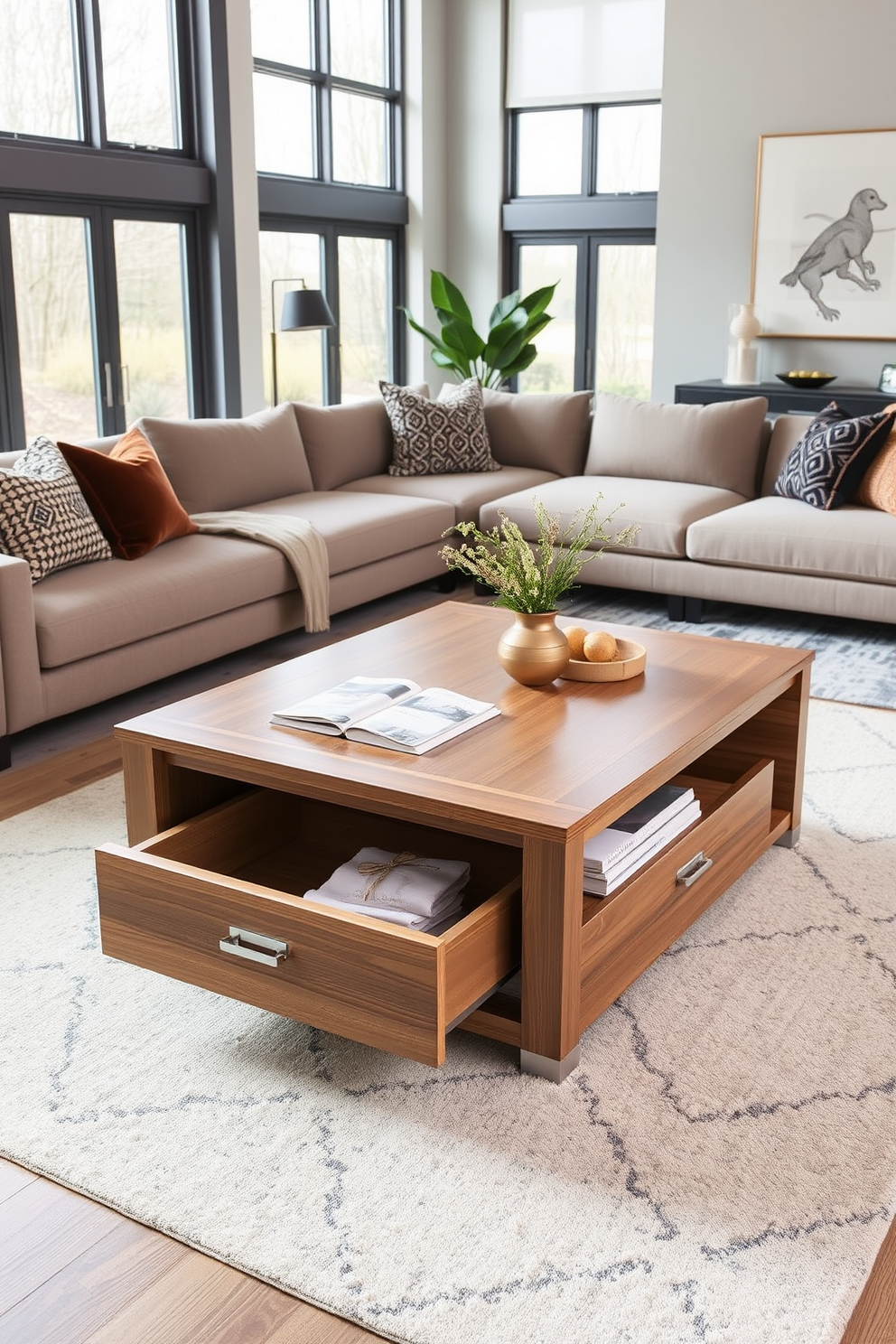 A stylish multi-functional coffee table with built-in storage sits at the center of a contemporary living room. The table features a sleek design with a wooden finish and soft-close drawers, complementing the surrounding furniture and decor. The living room is designed with a cozy atmosphere, featuring a plush sectional sofa and a large area rug. Large windows allow natural light to flood the space, highlighting the warm color palette of earthy tones and modern accents.