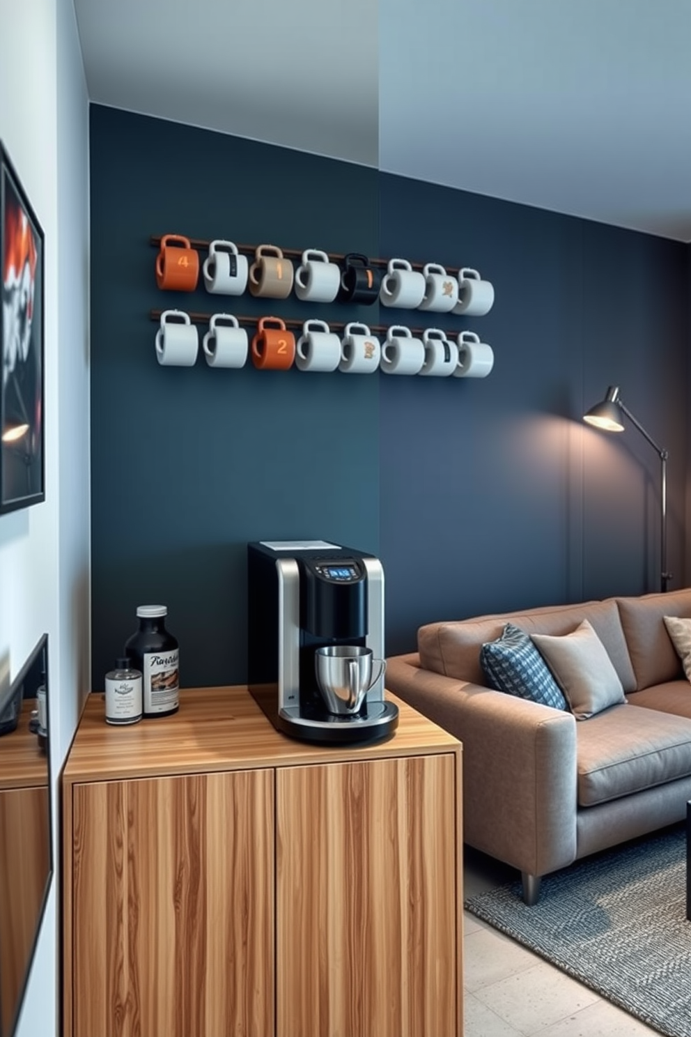 Chic coffee station for convenience. A sleek espresso machine sits on a minimalist wooden shelf, accompanied by a variety of coffee mugs displayed on the wall above. Garage living room design ideas. The space features a cozy seating area with a plush sectional sofa, complemented by a modern coffee table and ambient lighting from stylish floor lamps.