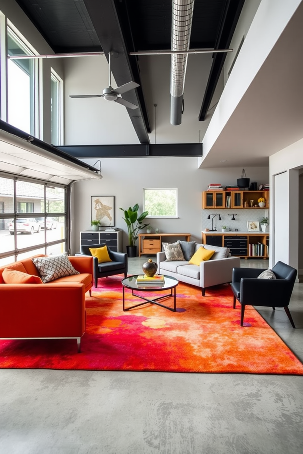 A stylish garage office with storage solutions features sleek cabinetry that maximizes space while maintaining a modern aesthetic. A large desk sits against the wall, complemented by an ergonomic chair and ample natural light streaming through a window. The garage living room design incorporates comfortable seating arrangements with a blend of contemporary and rustic elements. A coffee table made of reclaimed wood centers the space, surrounded by plush sofas adorned with colorful throw pillows.