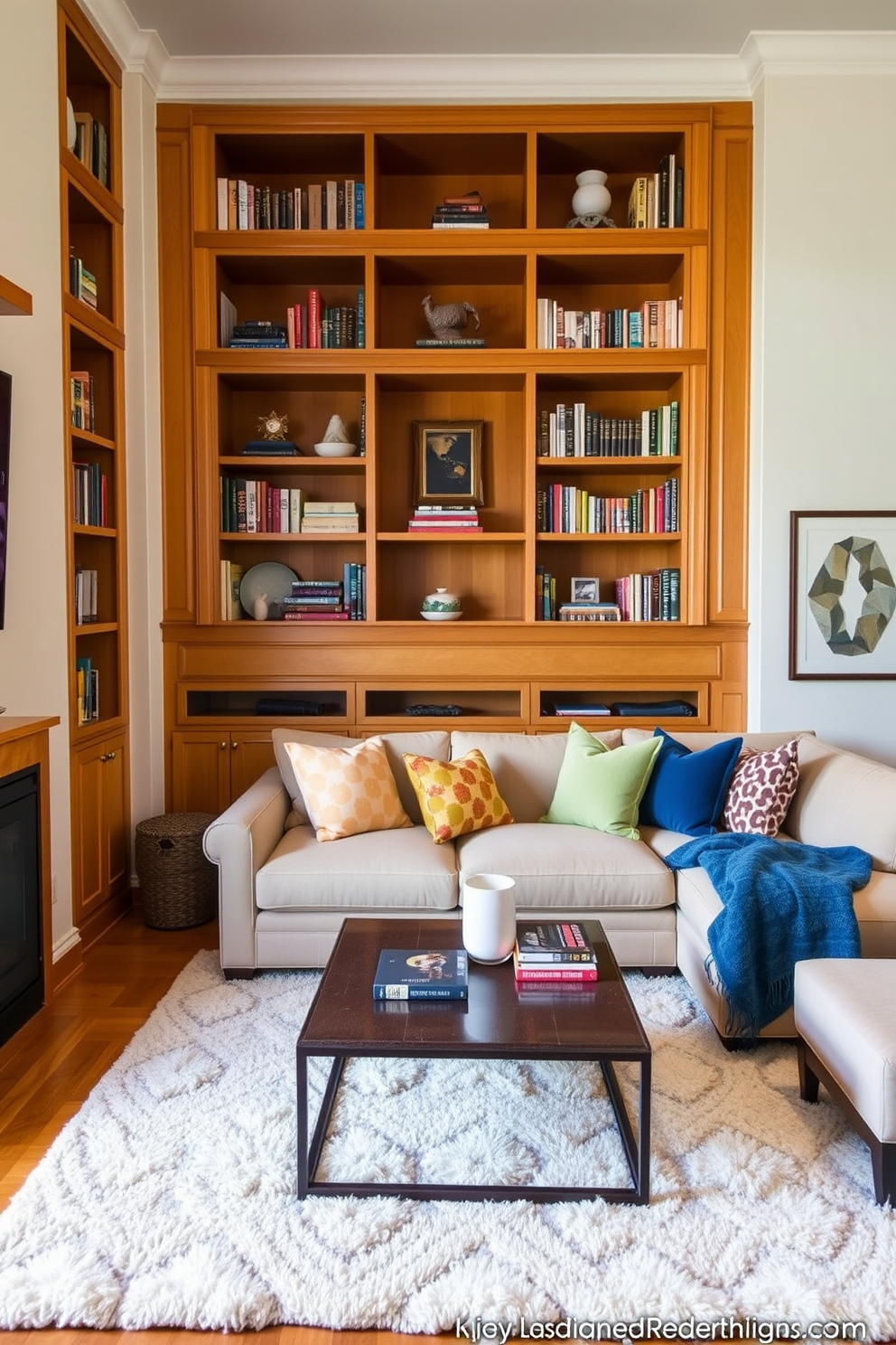 A cozy living room featuring built-in shelving that elegantly displays an assortment of books and decorative items. The shelves are framed with warm wood tones, creating a seamless integration with the surrounding walls. The seating area includes a plush sectional sofa adorned with colorful throw pillows, inviting relaxation. A soft area rug anchors the space, while a stylish coffee table sits in the center, perfect for gatherings.