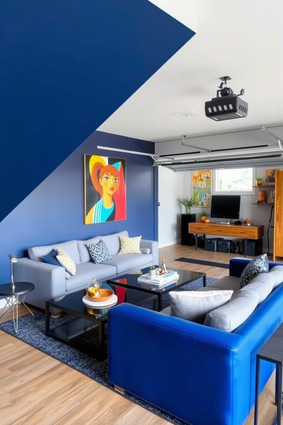 Accent wall with bold paint color. The wall is painted in a deep navy blue, contrasting with light gray furniture and warm wooden accents. Garage transformed into a stylish living space. The area features a comfortable sectional sofa, a sleek coffee table, and vibrant artwork adorning the walls.