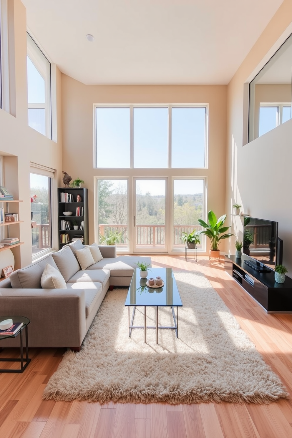 A spacious living room with large windows allowing ample natural light to flood the space. The room features a cozy sectional sofa in soft gray, complemented by a sleek glass coffee table and a plush area rug. The walls are painted in a warm beige tone, enhancing the brightness of the room. Decorative shelves filled with books and plants line one side, while a contemporary entertainment unit sits against the opposite wall.