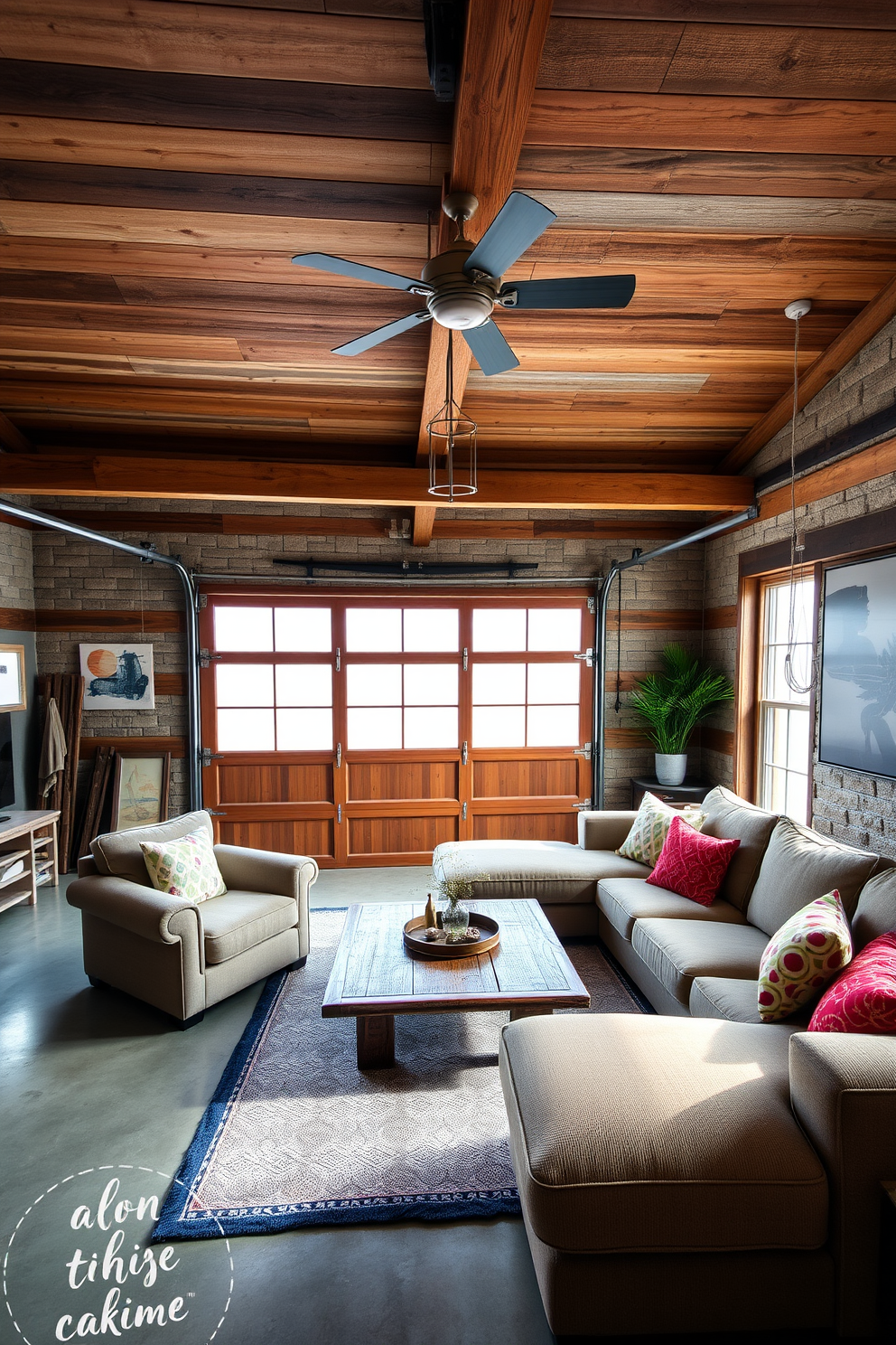 A spacious garage transformed into a cozy living room. Reclaimed wood accents create warmth, featuring a wooden beam ceiling and a rustic coffee table. Plush seating arrangements invite relaxation, with a large sectional sofa and colorful throw pillows. Large windows allow natural light to flood the space, highlighting the textured walls adorned with art.