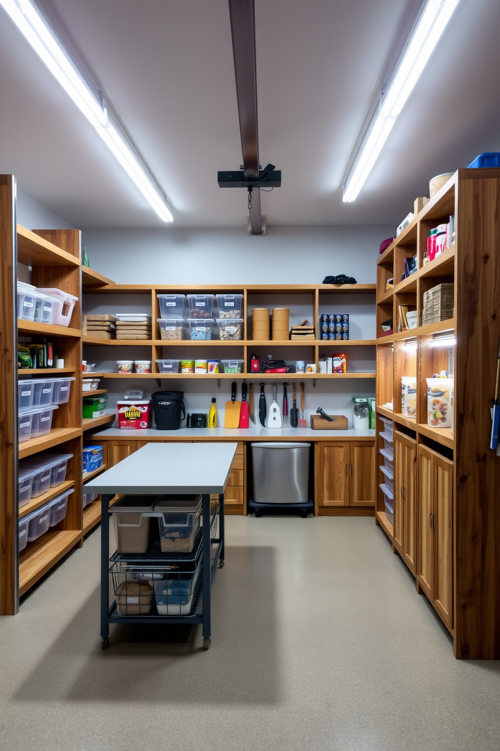 Open shelving units line the walls of a spacious garage pantry, providing easy access to frequently used items. The shelves are made of reclaimed wood, adding a rustic charm, while clear storage bins neatly organize dry goods and tools. A central island with additional counter space enhances functionality, allowing for meal prep and sorting through supplies. Soft LED lighting illuminates the space, creating a warm and inviting atmosphere that encourages organization.