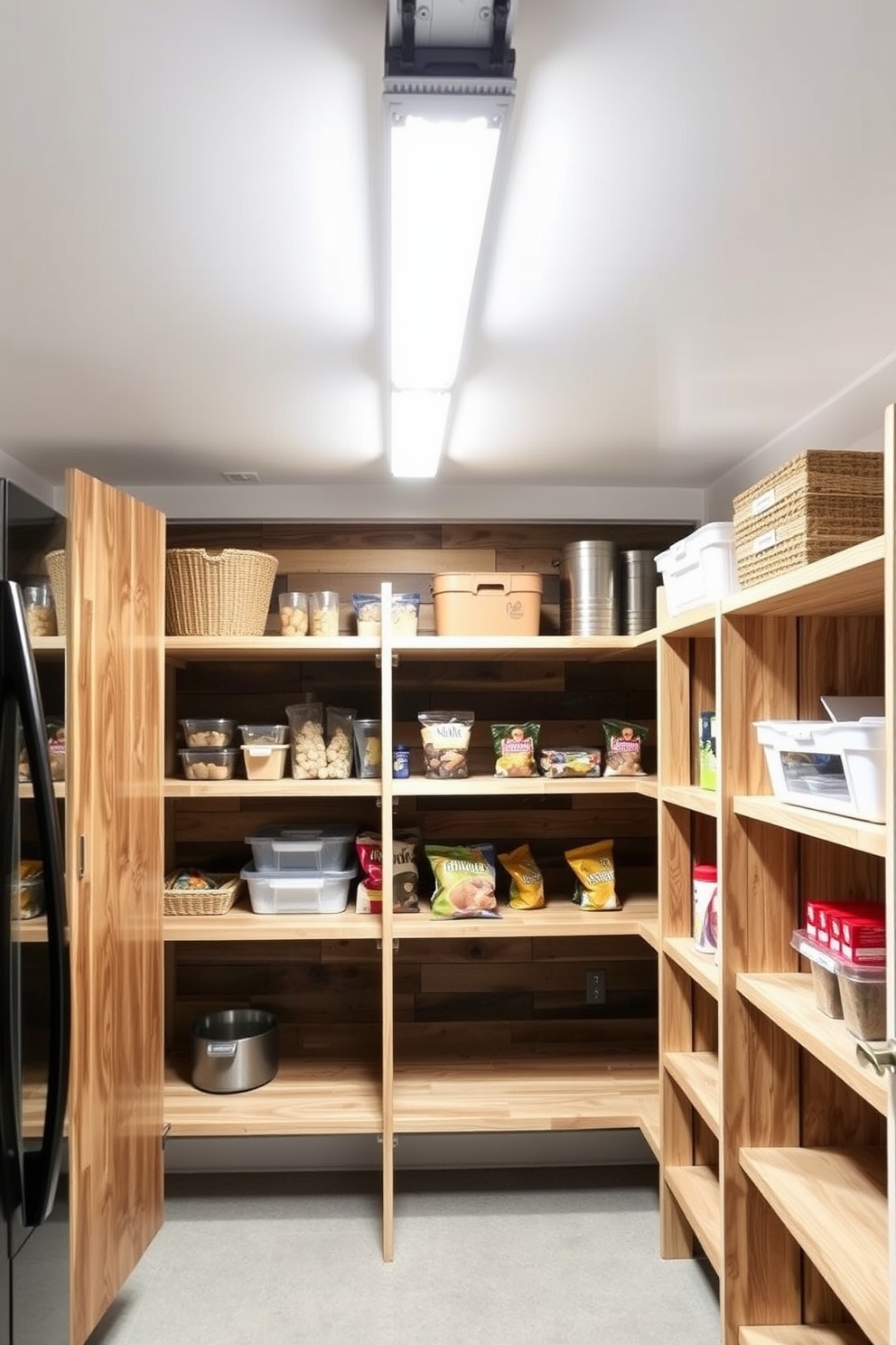 A modern garage pantry with LED lighting installed along the ceiling for bright visibility. The pantry features open shelving made of reclaimed wood, providing ample storage for kitchen essentials and snacks.