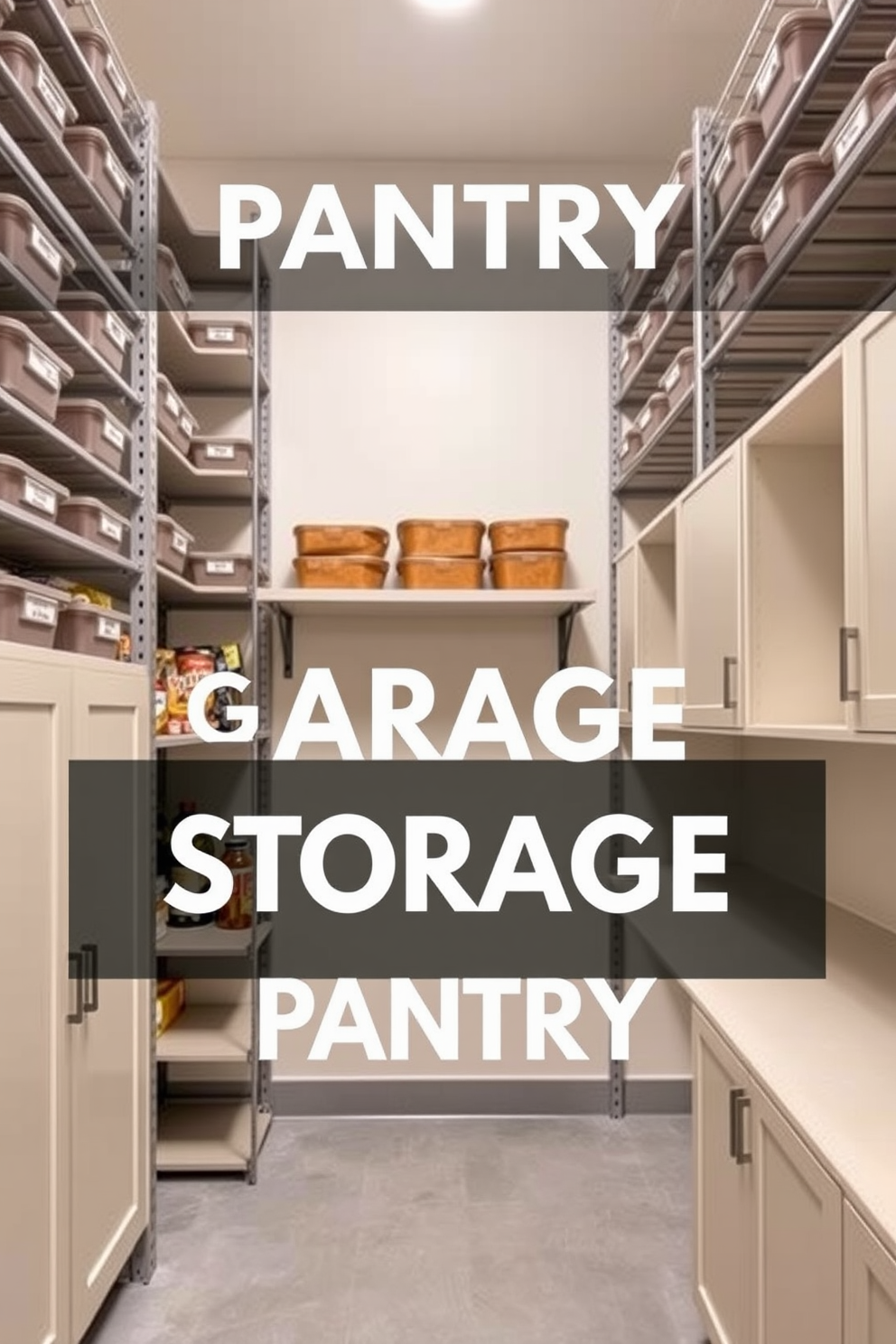 A vertical storage solution designed for a garage pantry maximizes space efficiently. The layout features tall shelving units that reach the ceiling, with labeled bins for organization. The walls are painted in a light, neutral color to create an airy feel. Open shelves are incorporated for easy access to frequently used items, while closed cabinets provide a clean, uncluttered look.