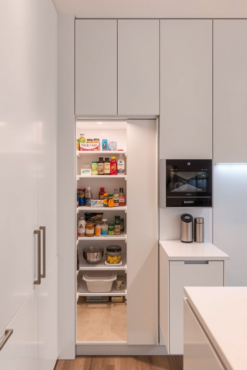 A hidden pantry seamlessly integrated behind a wall panel offers a clean and minimalist aesthetic. The design features sleek cabinetry that matches the surrounding walls, creating a cohesive look. Inside the pantry, organized shelves hold various food items and kitchen essentials, maximizing space and functionality. Soft LED lighting illuminates the interior, making it easy to find ingredients while maintaining an inviting atmosphere.