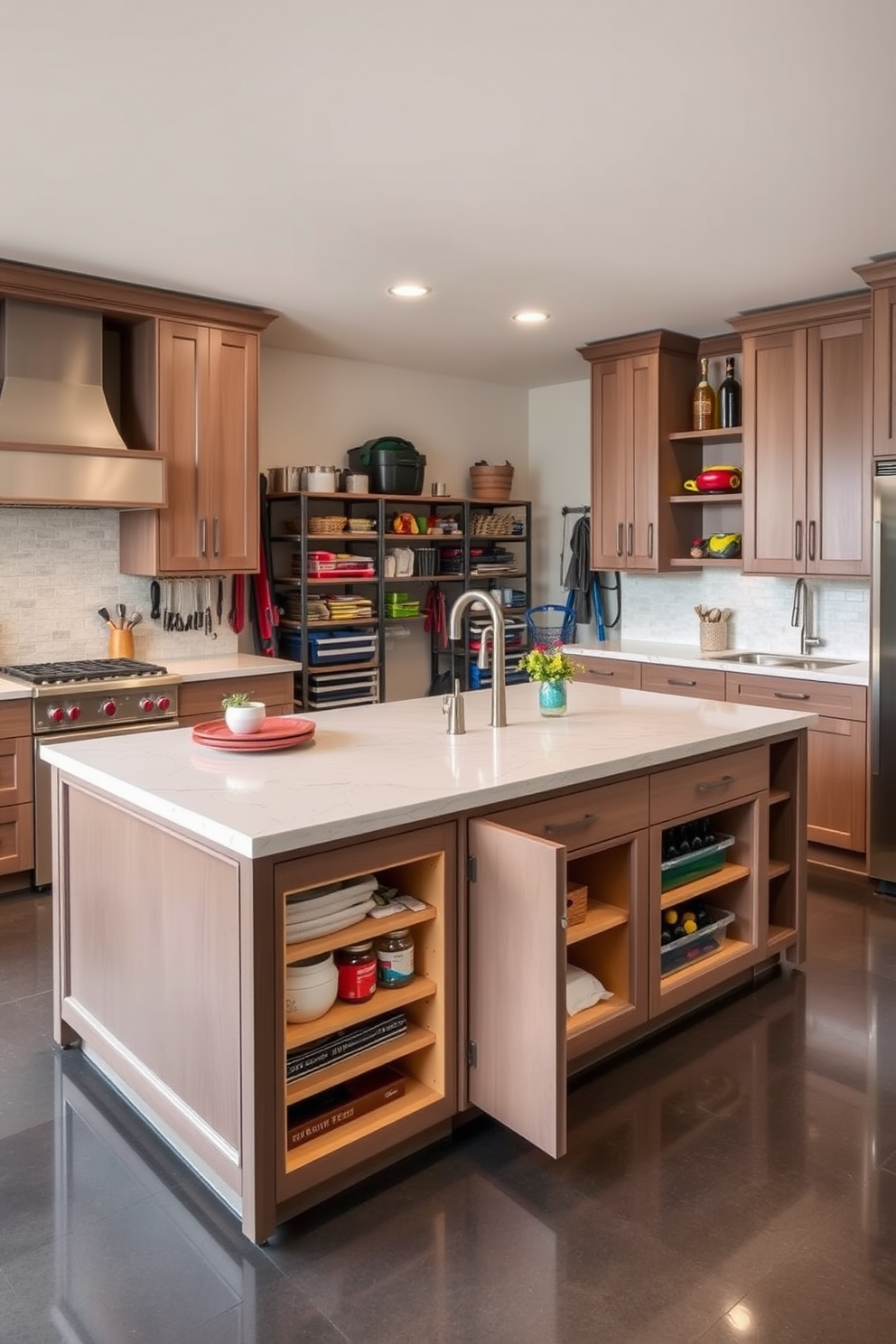 A spacious multi-functional island is the centerpiece of the kitchen, featuring ample countertop space for food preparation and casual dining. The island is designed with integrated pantry storage, allowing for easy access to kitchen essentials while maintaining a clean aesthetic. In the garage, a well-organized pantry is designed to maximize storage efficiency. Shelving units and cabinets are strategically placed to accommodate tools, supplies, and seasonal items, creating a functional and clutter-free environment.