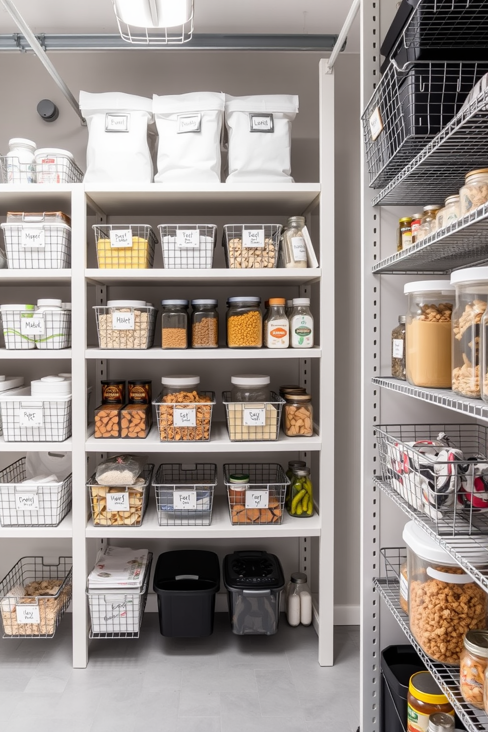 A modern garage pantry featuring wire baskets for easy visibility and access. The space is organized with labeled containers and shelves, creating a functional yet stylish storage solution.