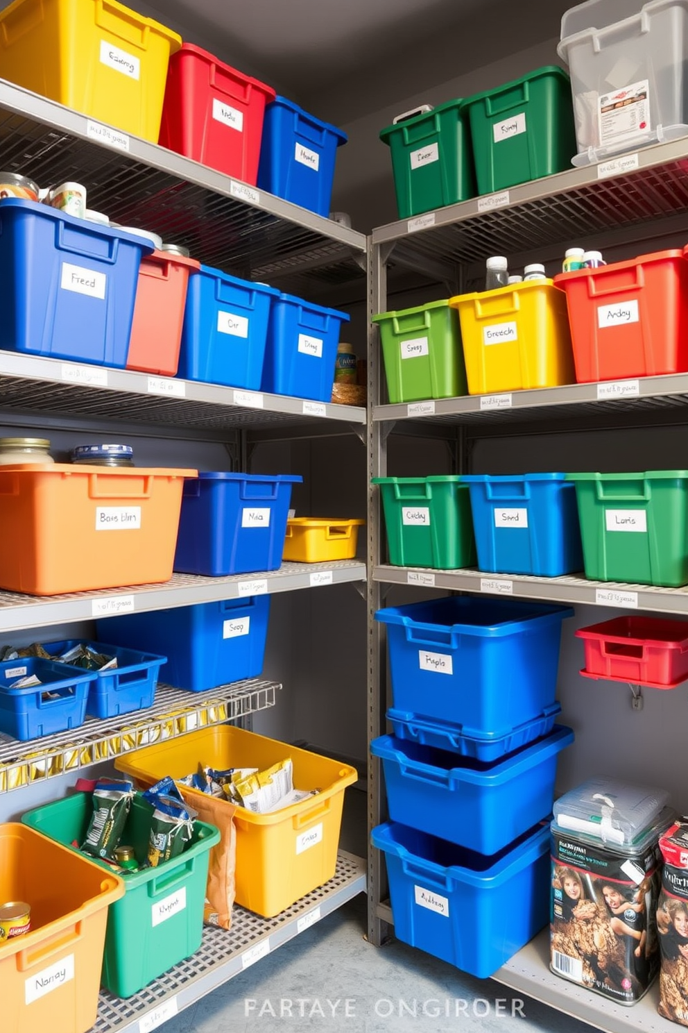 A garage pantry designed for optimal organization features color-coded bins neatly arranged on sturdy shelving. Each bin is labeled for easy identification, ensuring that ingredients are easily accessible and stored efficiently.