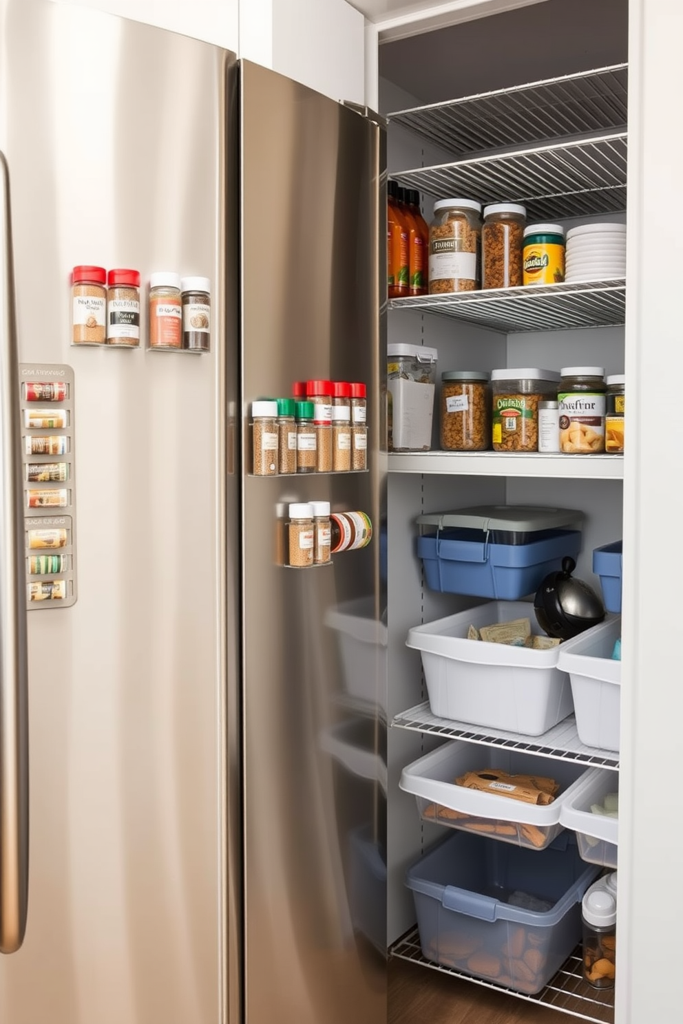 A sleek fridge adorned with magnetic spice jars creates an organized and visually appealing kitchen space. The jars are labeled for easy access, adding a touch of color and personality to the stainless steel surface. The garage pantry features custom shelving that maximizes storage while maintaining a clean aesthetic. Open bins and containers are neatly arranged to showcase a variety of ingredients, making cooking and meal prep a breeze.